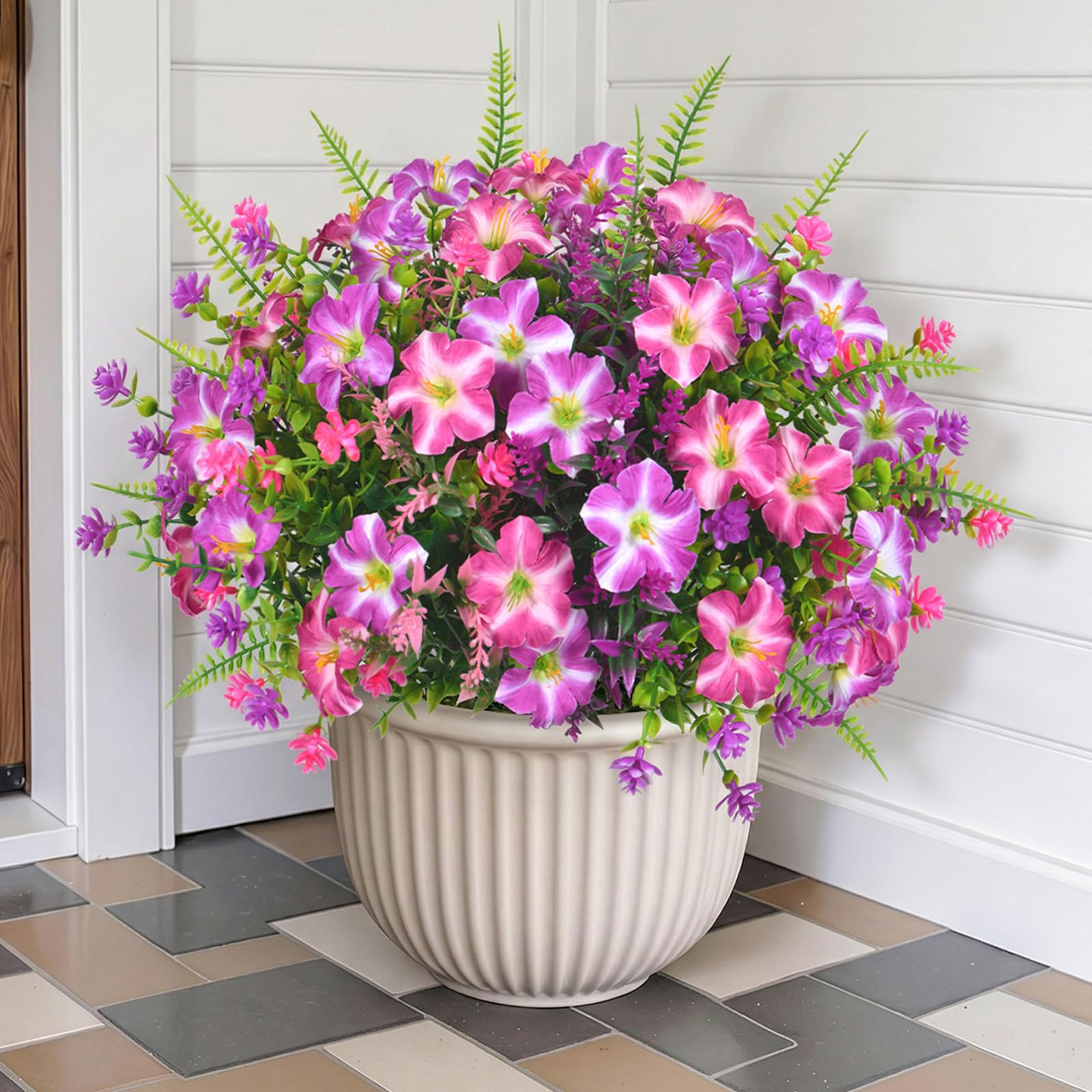 Artificial Fake Flowers Outdoor 12 Bundles Faux Flowers Look Real for Outside Pink Fake Petunias Plants UV Resistant Silk Flower Bouquet Faux Greenery Plants for Front Door Window Garden Porch Decor