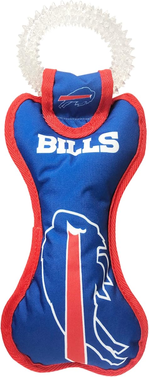 Pets First NFL Buffalo Bills Dental Dog TUG Toy with Squeaker. Tough PET Toy for Healthy Fun, Teething, & Cleaning Pet's Teeth & Gum, Team Color