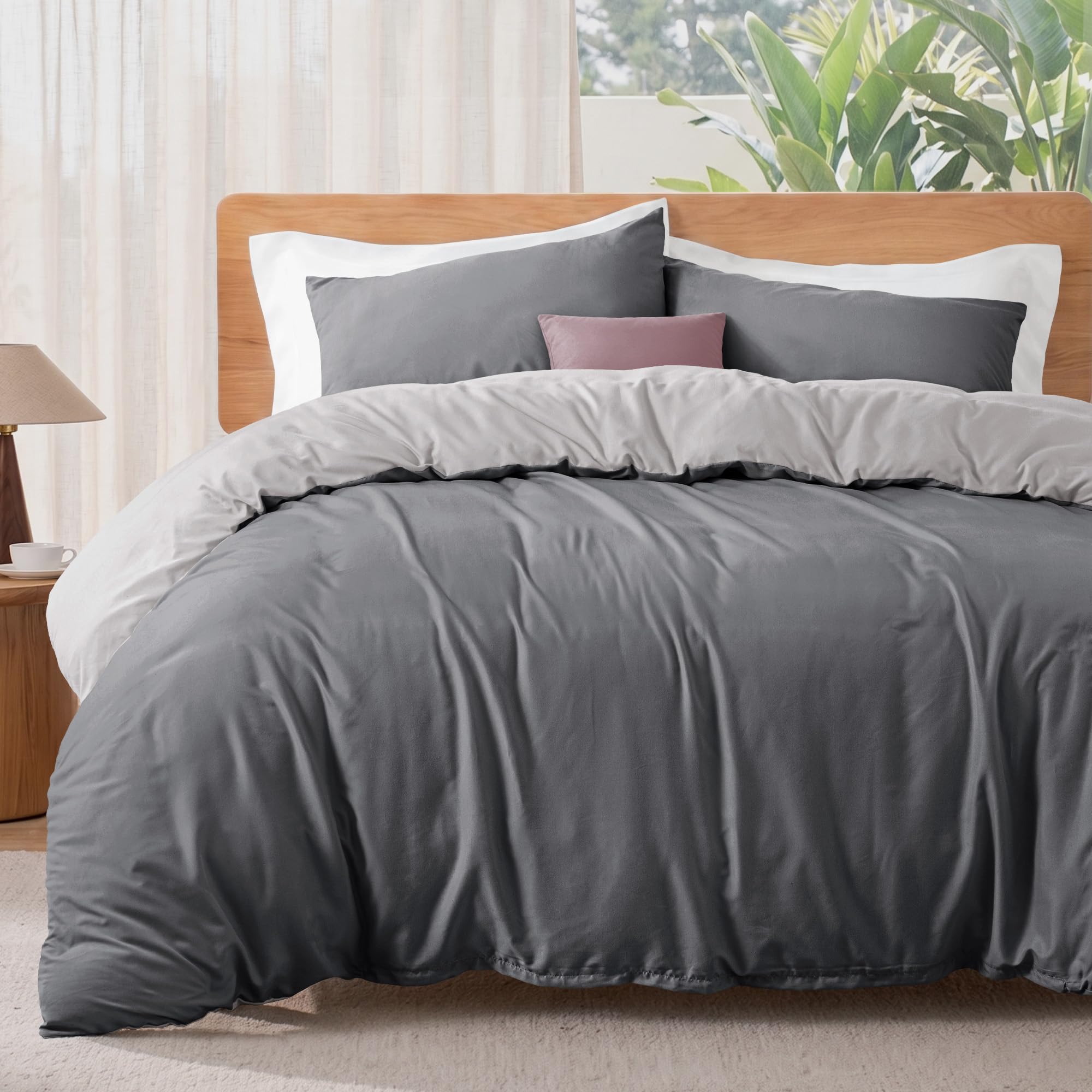 Exclusivo Mezcla King Duvet Cover Sets - 3 Pcs Pre Washed Bedding Set with Zipper Closure and Corner Ties, Reversible Brushed Microfiber Quilt Cover with 2 Pillowcases, Grey/Light Grey