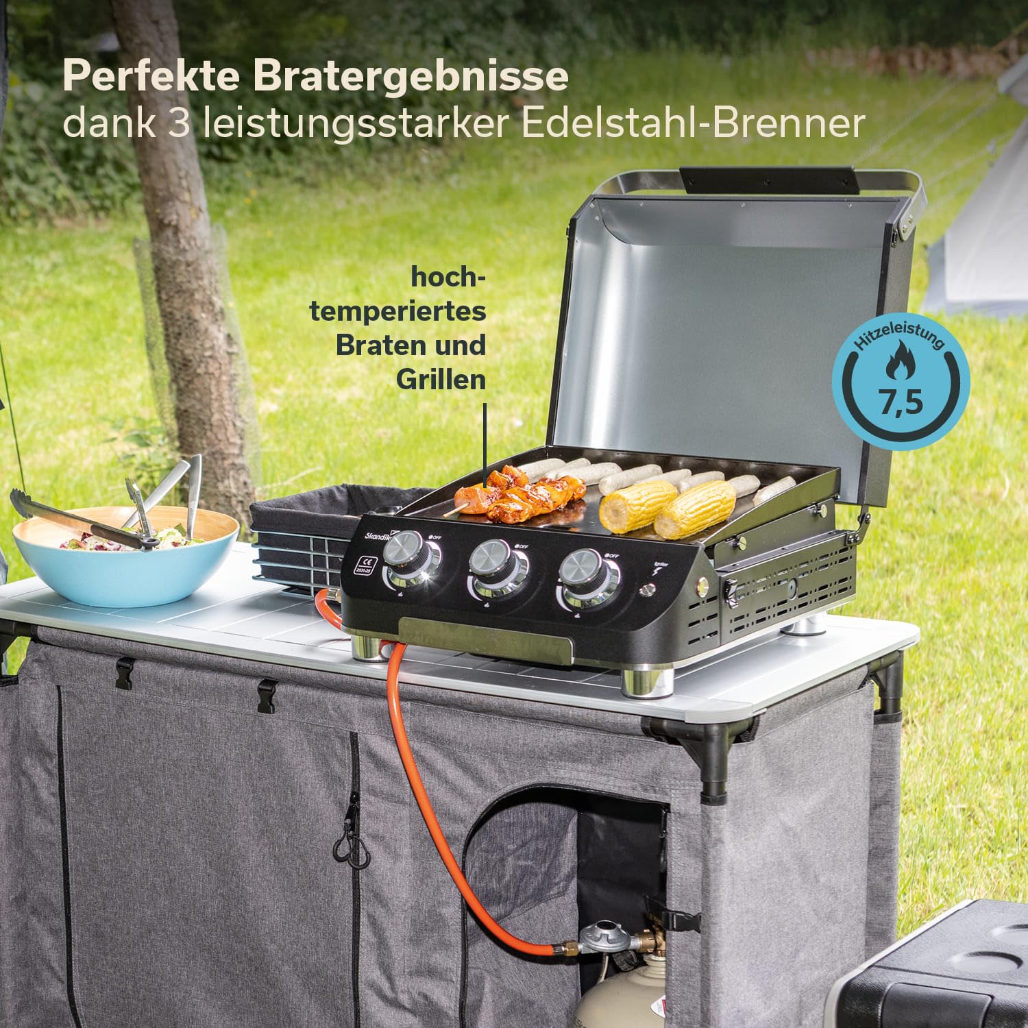 Skandika Gasplancha Palo | Piastra grill a gas senza/con coperchio Plancha, 3 bruciatori, vassoio di sgocciolamento, grill a gas trasportabile con piastra di cottura (con coperchio)