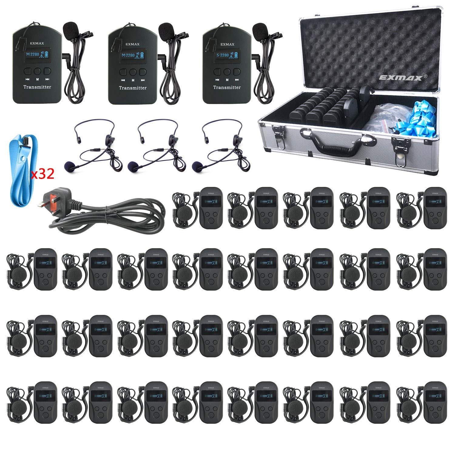 EXMAX EXD-101 2.4G Wireless Tour Guide System Assistive Listening Voice Transmission for Simultaneous Interpretation Worship Court Church Translation 3 Transmitters 29 Receivers 32-slot Charging Case