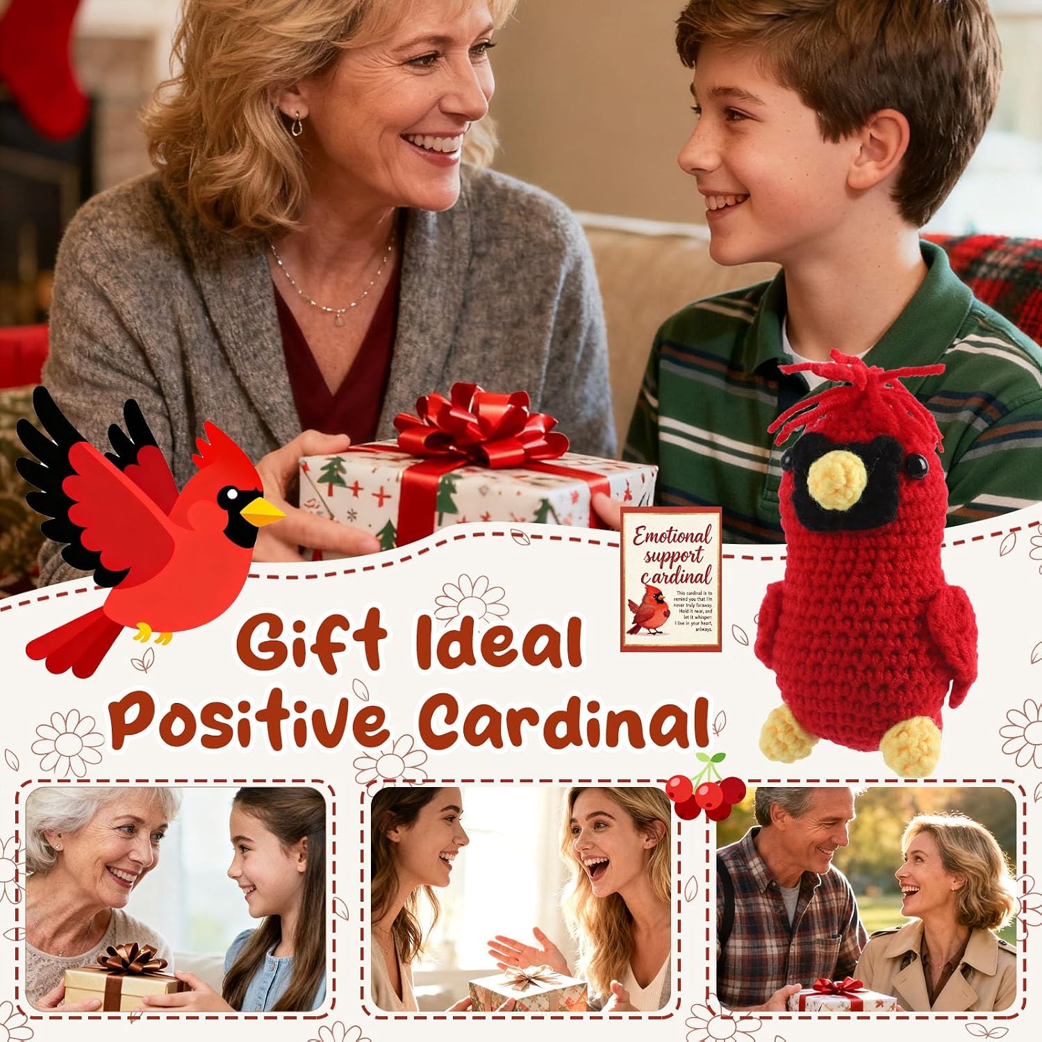 Emotional Daily Support Cardinal, Memorial Crochet Cardinal Gifts, Emotional Uplifting Support Crochet Bird with I Am Always with You Card, Inspirational Birthday Gifts for Women