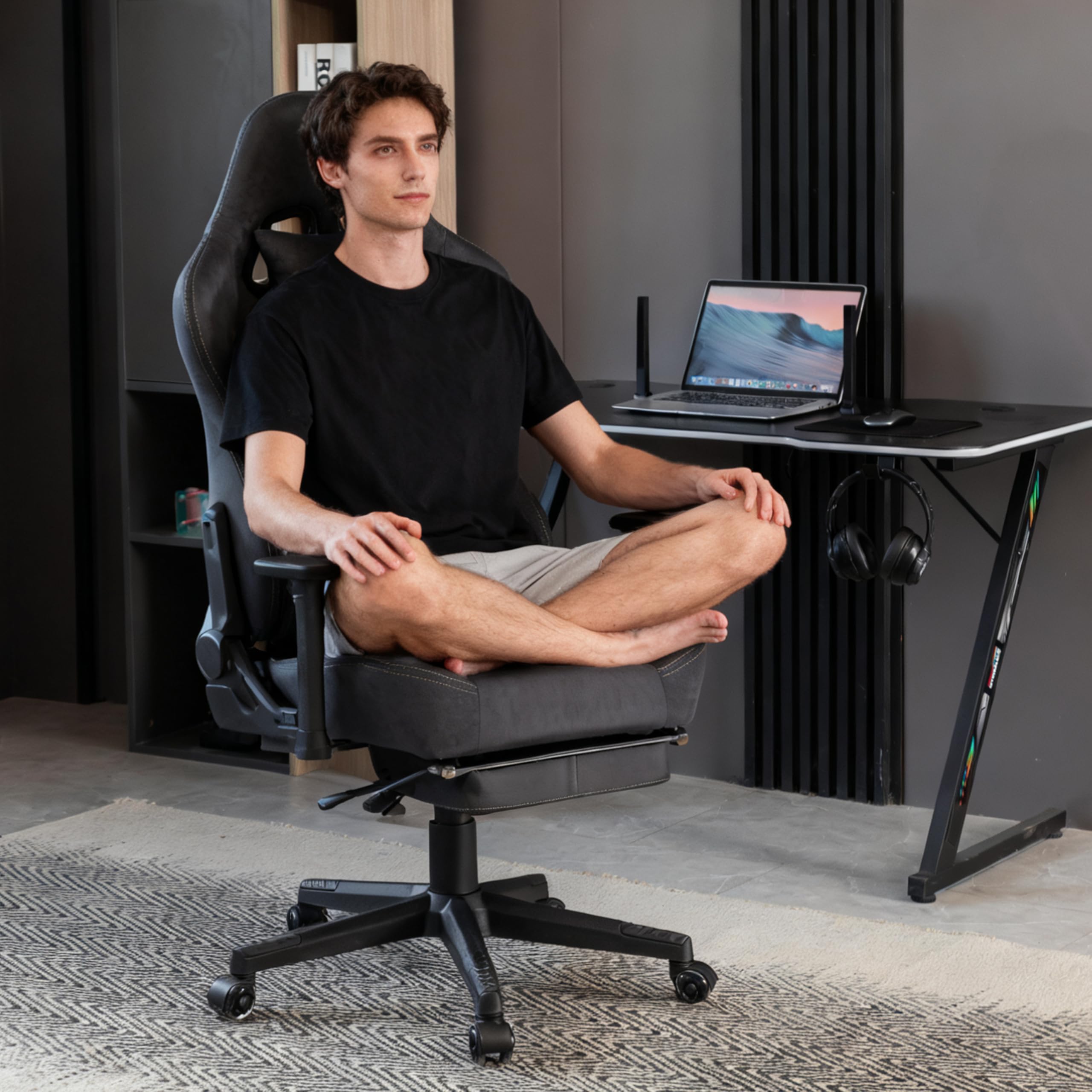 Symino Chaise Gamer XL, Siège Large Mousse+Latex, Support Lombaire & Tête, Inclinaison 175°, 300kg, Roues Silencieuses Incluses (Faux Daim, Gris)