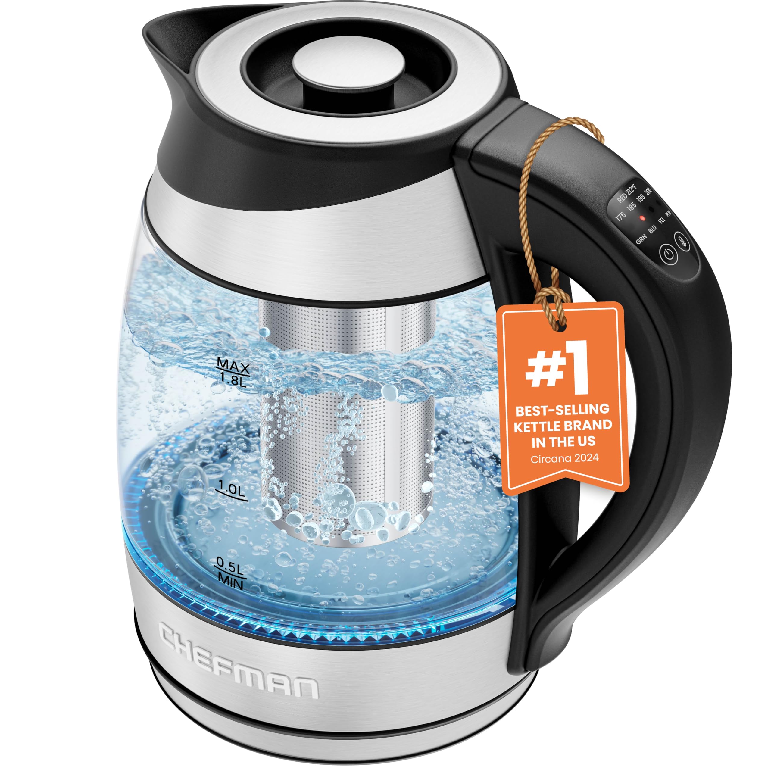 Chefman Electric Kettle with Temperature Control, 5 Presets LED Indicator Lights, Removable Tea Infuser, Glass Tea Kettle & Hot Water Boiler, 360° Swivel Base, BPA Free, Stainless Steel, 1.8 Liters