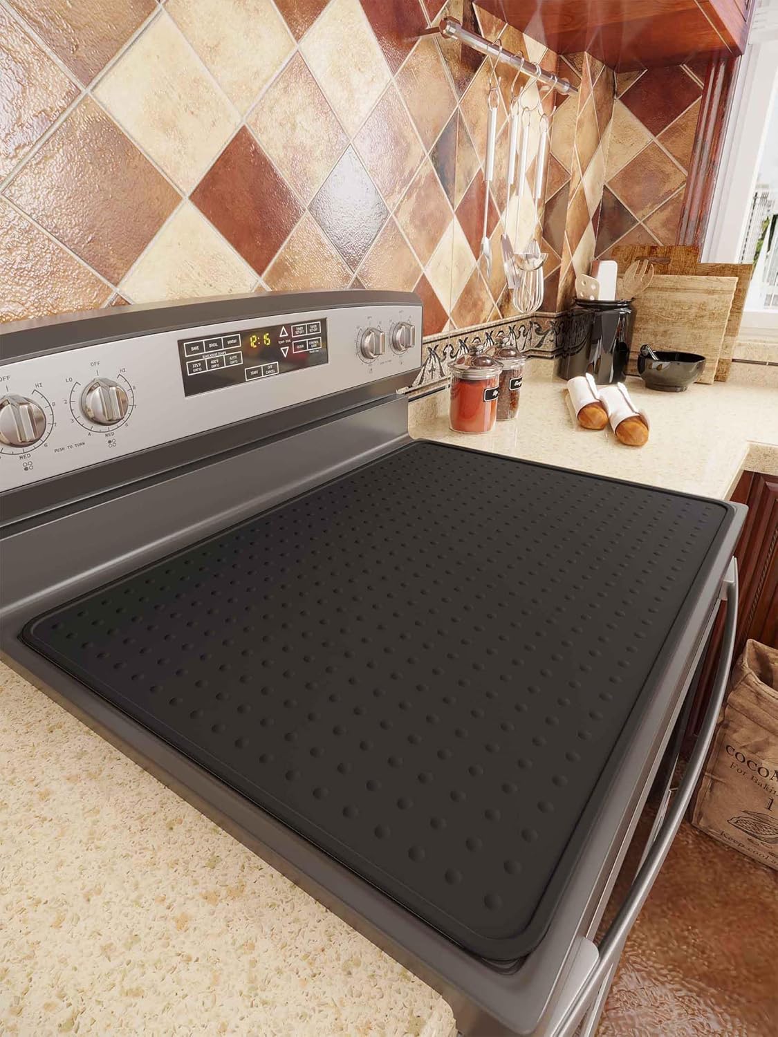 Silicone Stove Top Cover for Electric Stove, Glass Stove Top Protector, Stovetop Cover Mat for Cooktop, Flat Range Cover, Oven Top Protector, Coffee Bar Mat, 28 x 20 in, Black