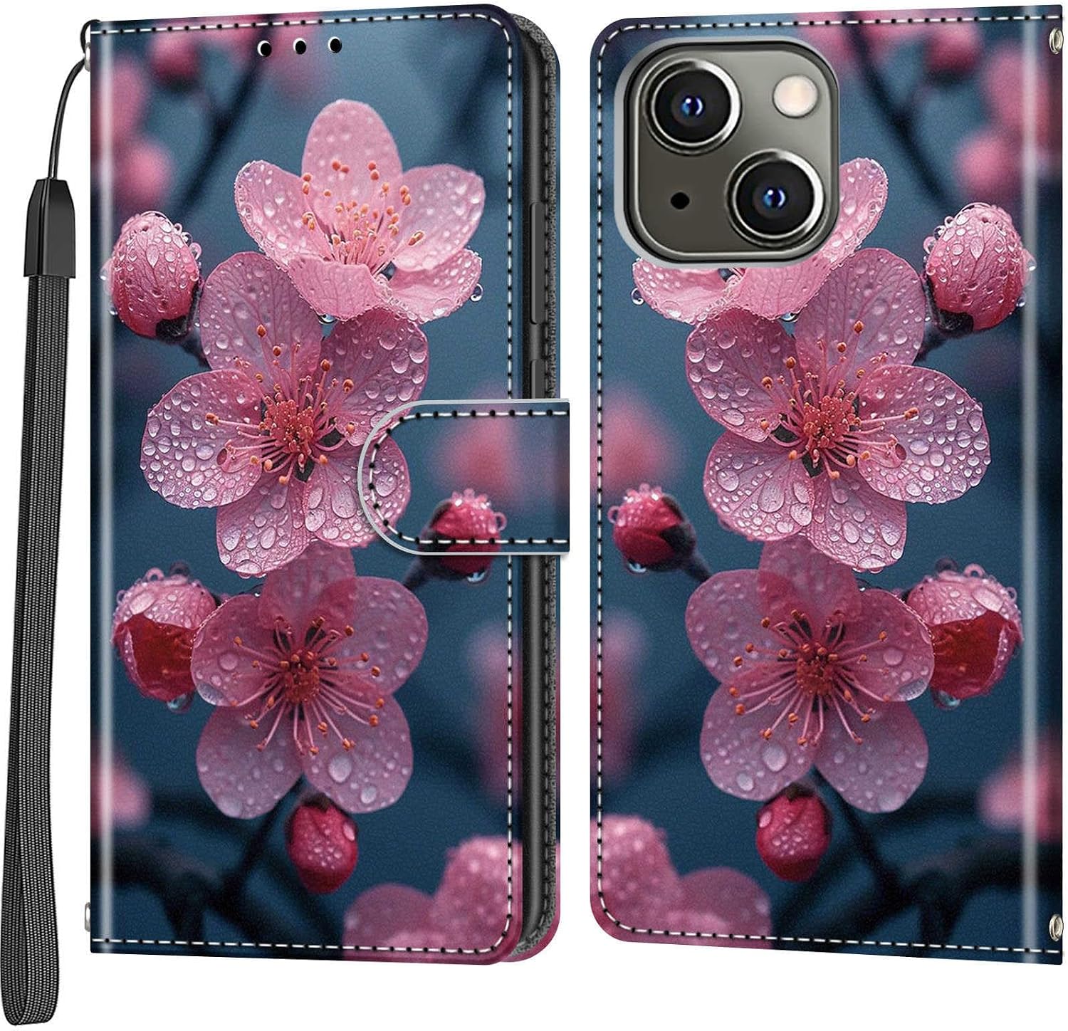 Case Wallet for iPhone 13 / iPhone 14, Peach Blossom | with 3 Card Slots, Kickstand, Magnetic Closure, Shockproof Protective Flip Cover 6.1"