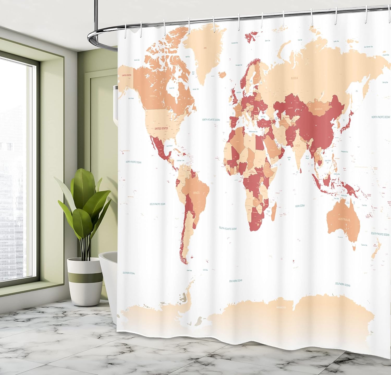 Ambesonne Earth Shower Curtain, Detailed World Map with All Countries Major Capital Cities Universe Continents, Cloth Fabric Bathroom Decor Set with Hooks, 69" W x 75" L, Beige Salmon