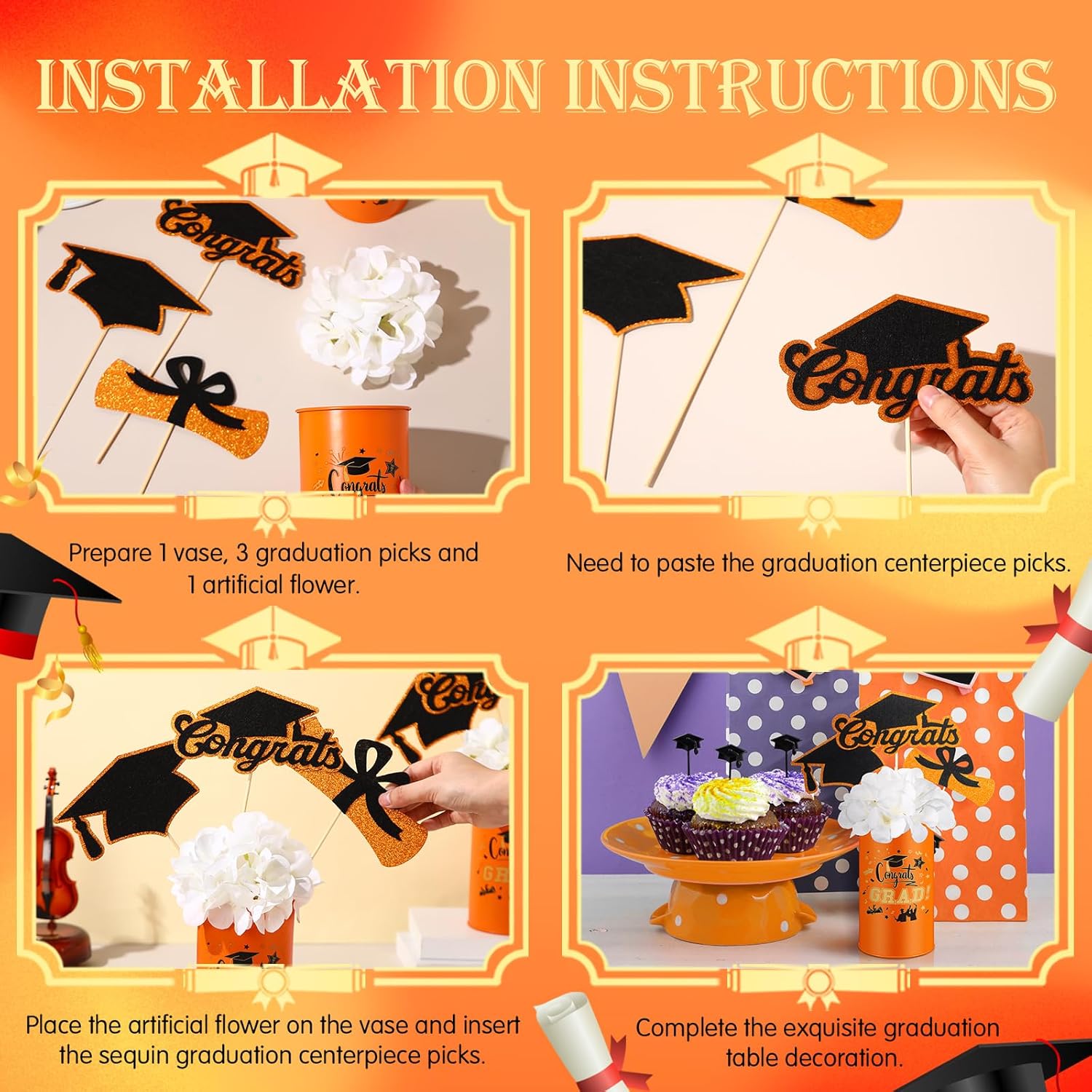 Domensi 3 Sets Graduation Table Centerpiece Decorations Class of 2026 Includes 3 Silk Artificial Flower 9 Congrats Grad Sticks Picks Toppers 3 Metal Vases for Home Party Supplies Gifts(Orange)