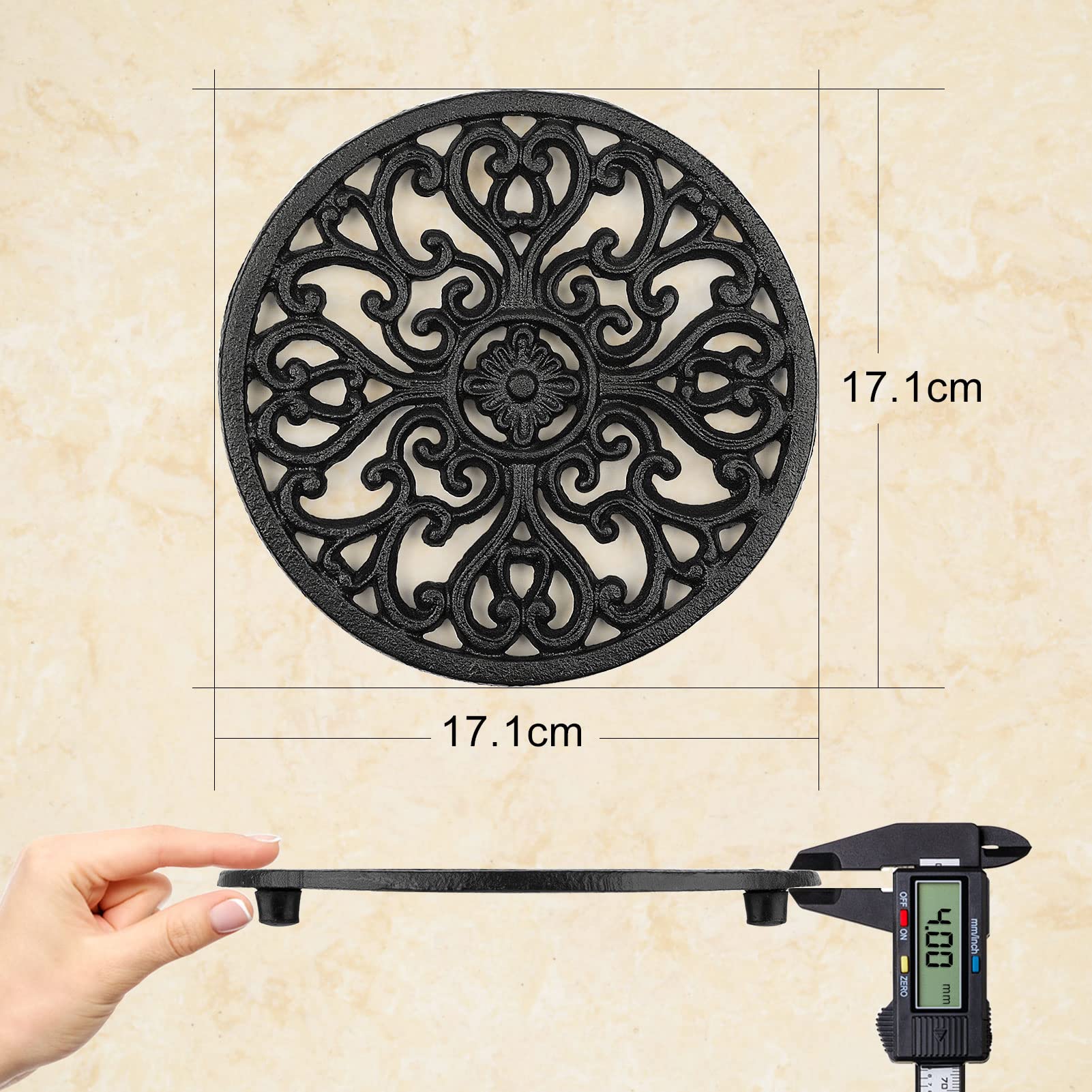 Sottopentola Ghisa 2 Pcs per Contenere Padelle Calde Cucina, Sottopentola Metallo Decorativo con Pioli Gomma, Resistente al Calore, Diametro 17,1cm