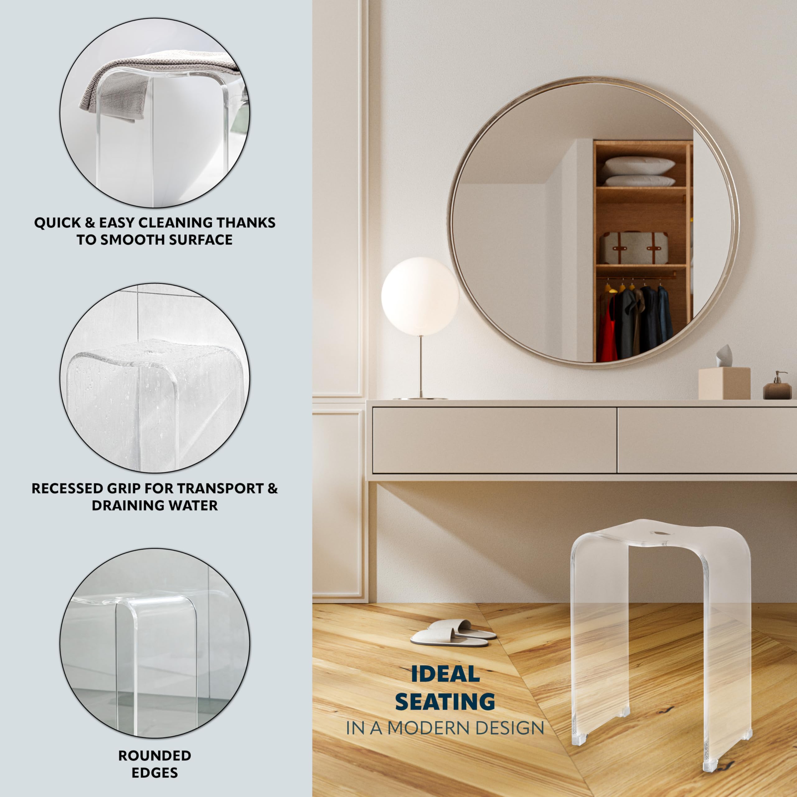 bremermann Sgabello da bagno in acrilico, ca. 33 x 27,5 x 48 cm (larghezza x profondità x altezza), con maniglia, ergonomico, portata massima 130 kg (acrilico-trasparente)