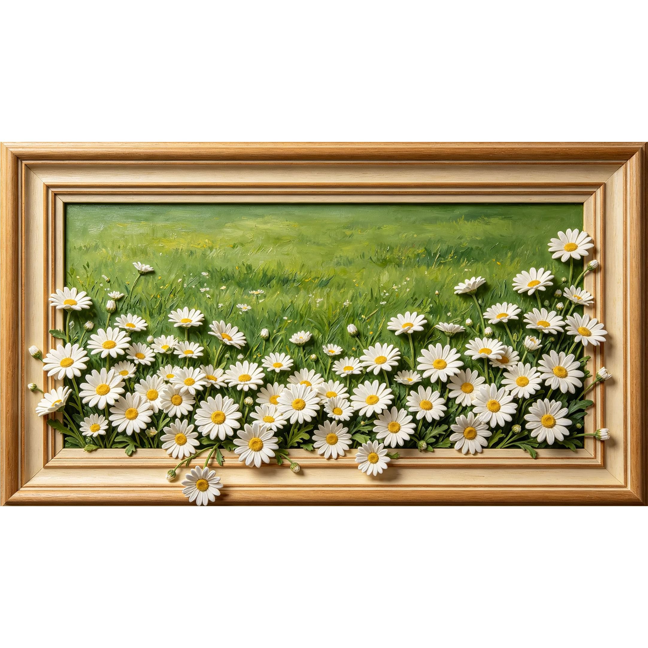 QZLITHOTIC 50x90cm3D Framed Wall Art， Botanical Daisy Meadow Floral Self‑Adhesive Mural， Water‑Activated Peel & Stick Fabric Decor Wall Decal for Bedroom Living Room