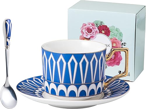 Jusalpha Stylish Modern TCS27 (1) - Juego de tazas de té y platillos de 7.4 onzas, cucharas en caja de regalo, TCS27 (1) (Rojo-A) Jusalpha Stylish Modern TCS27 (1) - Juego de tazas de té y platillos de 7.4 onzas, cucharas en caja de regalo, TCS27 (1) (Rojo-A)