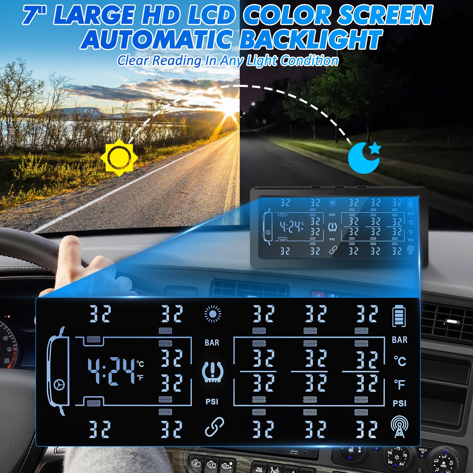 KAOLALI Système de contrôle de la Pression des pneus pour remorques, avec 10 capteurs, 6 Modes d'alarme, écran Couleur 7 Pouces, avec amplificateur de Signal TPMS pour remorques, camions (0-188PSI)