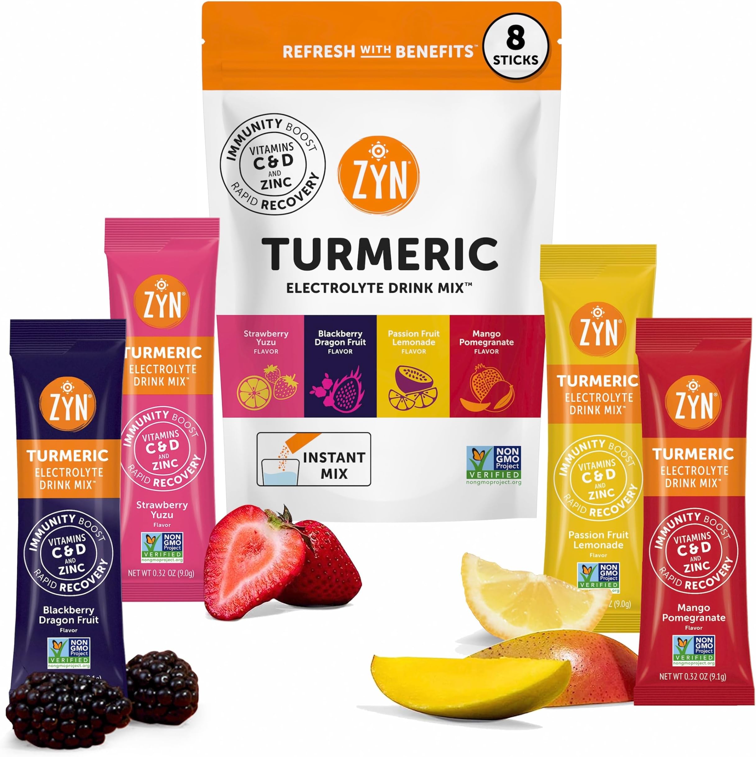 Electrolyte Drink Mix Hydration Packets, Electrolytes Powder, Hydration Packets w/Turmeric Curcumin, Vitamin C and D, Zinc, Hydrate Electrolyte Powder Packets for Wellness, Variety Pack of 8
