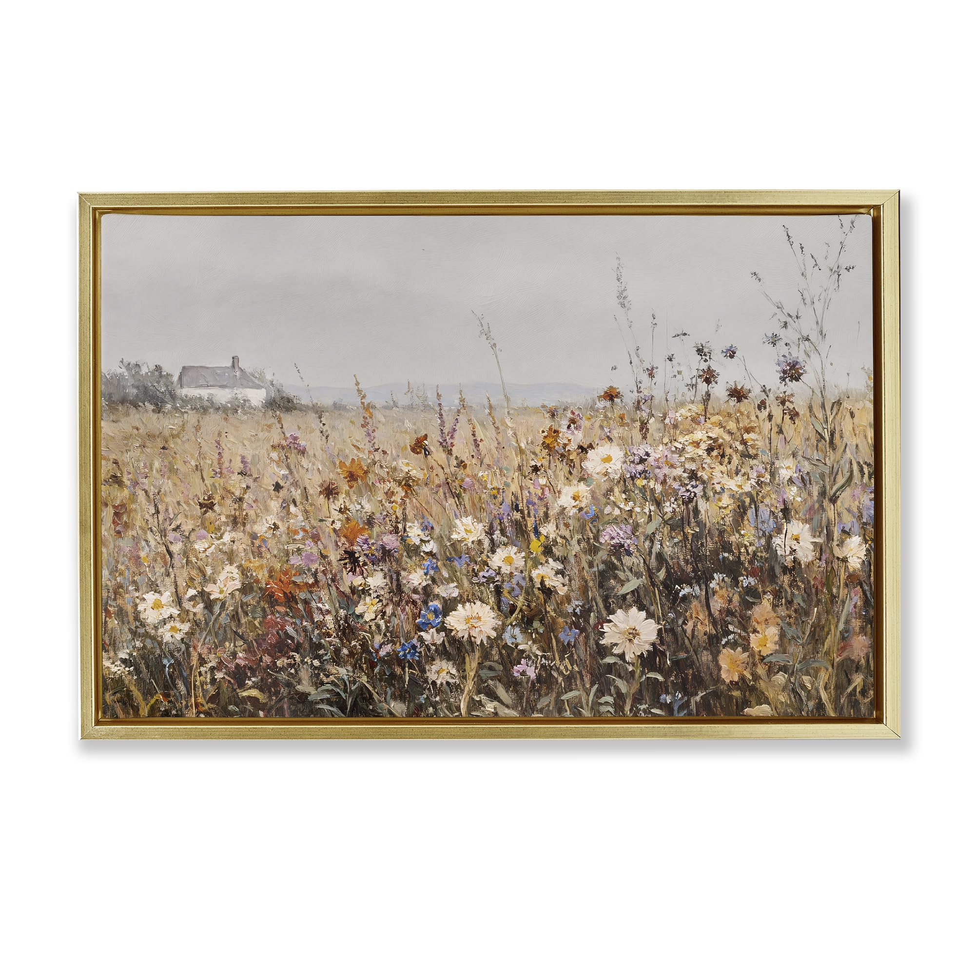 Stupell Industries 'Quaint Cottage Meadow', Floating Frame Canvas Art, Gold, 31 x 21 Inches, Easy to Hang and Sturdy, Made in USA, by Jacky Ngan