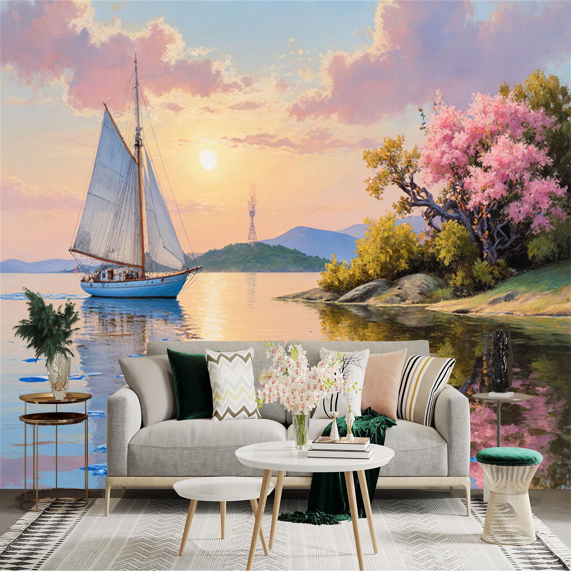 Custom Size Wall Sticker Mural， Sailboat on Lake with Pink Blossom Tree and Sunset Landscape， for wall Decoration， peelandstick wall Decals.