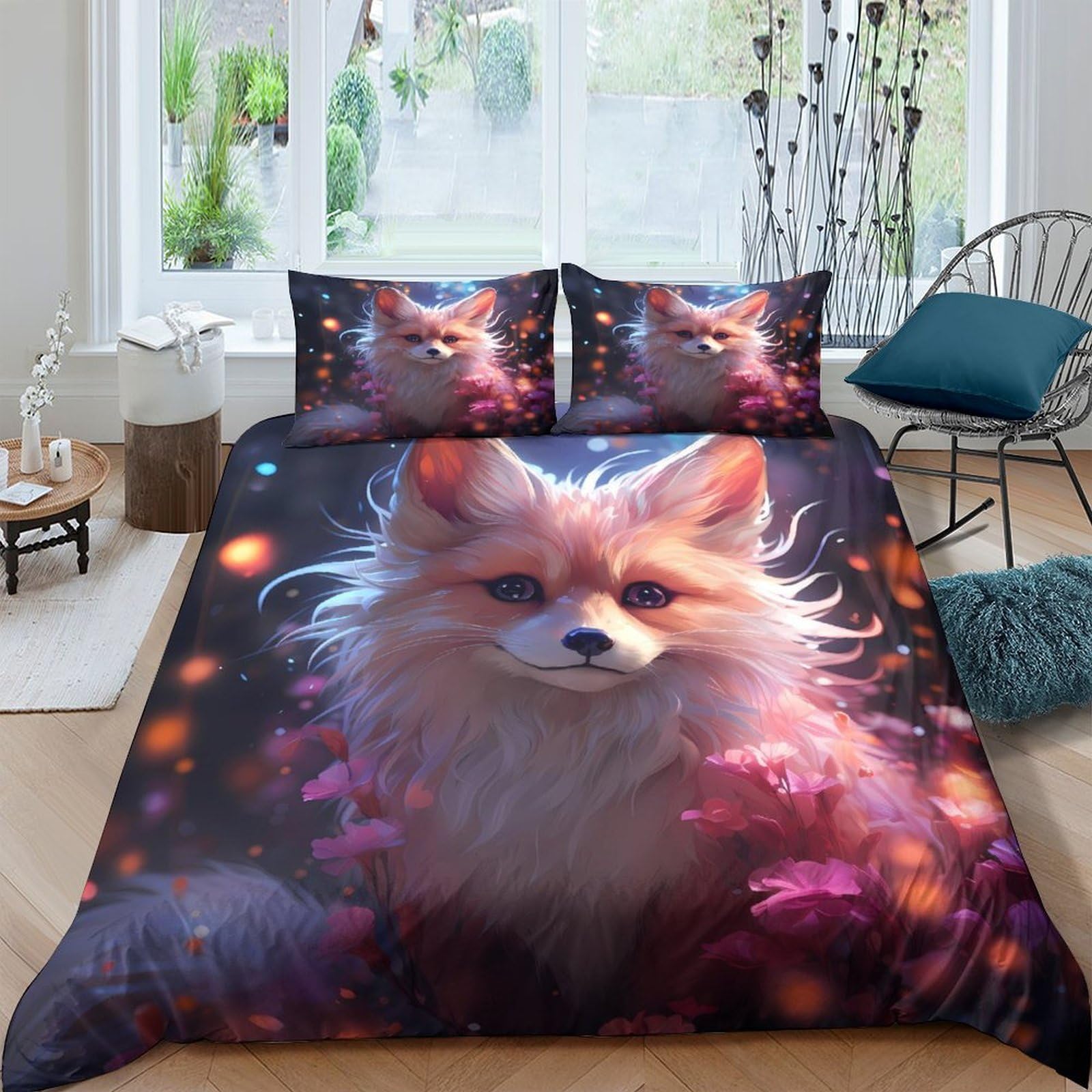 GPLZQXKJNH 3D Printed Fantasy Fox Duvet Cover Microfiber Soft Breathable Dreamy Forest Bedding Set with 2 Pillowcases for Bedroom Decor Single（135x200cm）