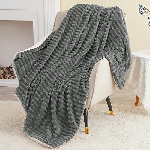 Miniatura 9 de Manta Sherpa para sofá, manta de franela a rayas para sofá para uso en todas las estaciones, gris, 50 x 60 pulgadas
