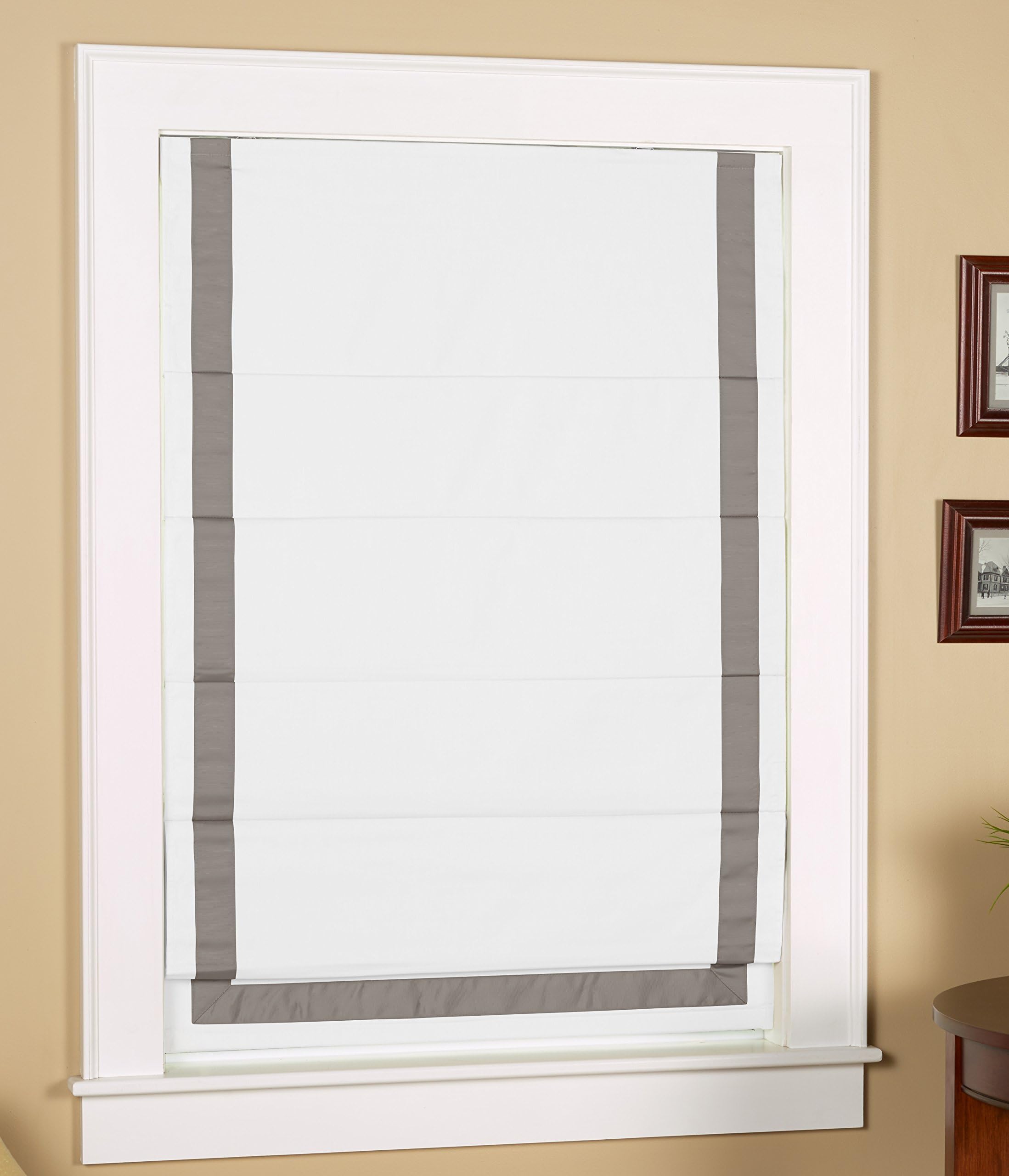 Thermal Blackout Cordless Roman Shade with Ribbon Border (38" Wide x 63 Long, White with Grey Ribbon Border)