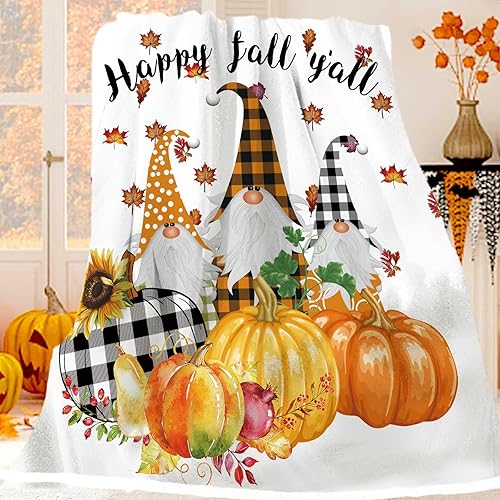 Miniatura 2 de Manta de calabaza de gnomos de otoño, hojas de arce otoñal, manta de franela suave y cálida para decoración de sofá, cama, sofá, 50 x 60 pulgadas
