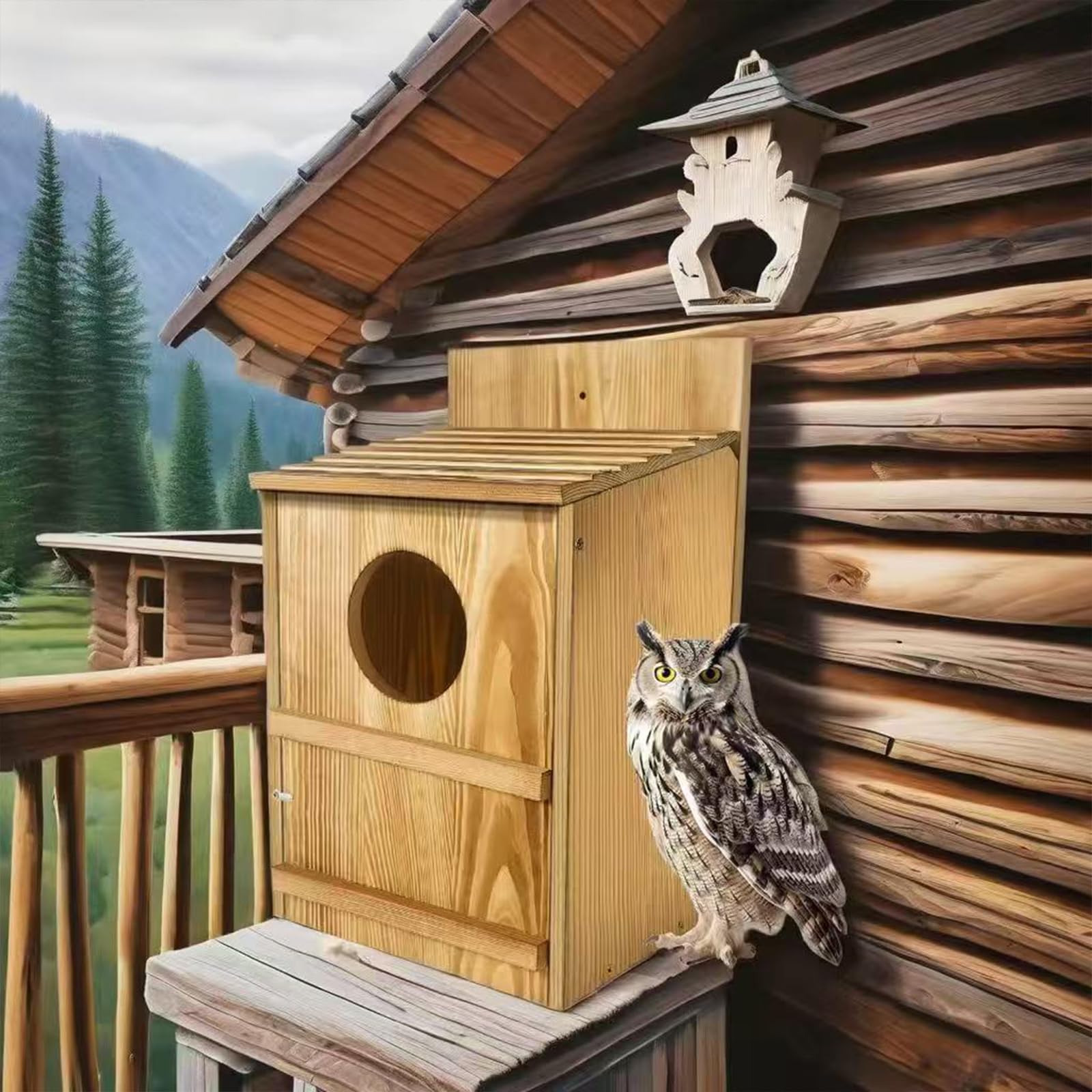 Casetta per Uccelli a Forma di Gufo in Legno, Nido Esterno per Falchi e Uccelli, Rifugio per Uccelli con Viti per Installazione su Alberi, Muri, Palo, Giardino e Cortile 36.8 * 19 * 22.8