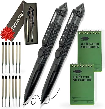 Military Tactical Pen, Emergency Glass Breaker Pen, Tactical EDC Pen, Multitool pen, Tungsten Steel Pen, Writing Fat Pen, 12 Ballpoint Pen Refills, 2 Waterproof Notebook 2 Pack
