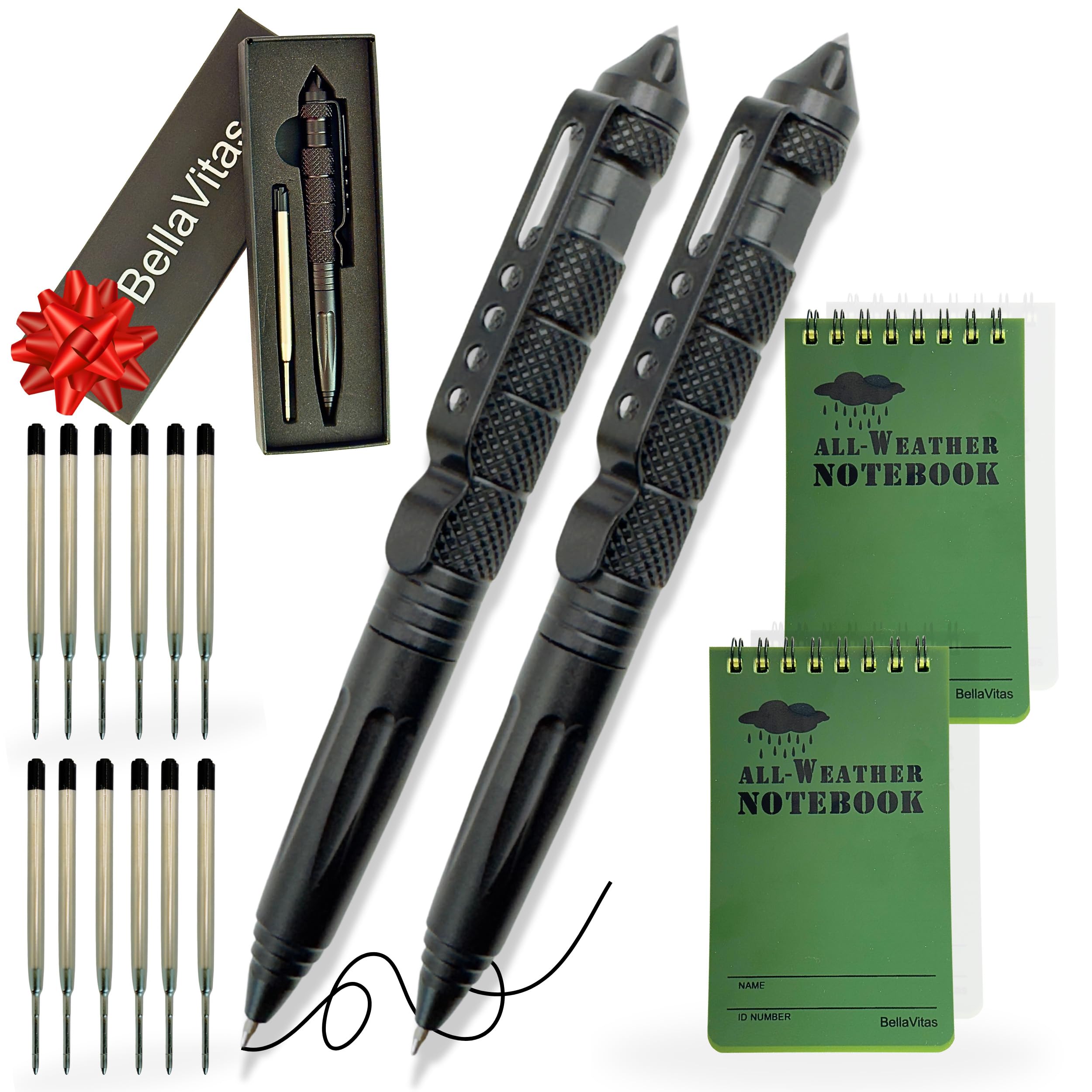 BellaVitas Military Tactical Pen, Emergency Glass Breaker Pen, Tactical EDC Pen, Multitool pen, Tungsten Steel Pen, Writing Fat Pen, 12 Ballpoint Pen