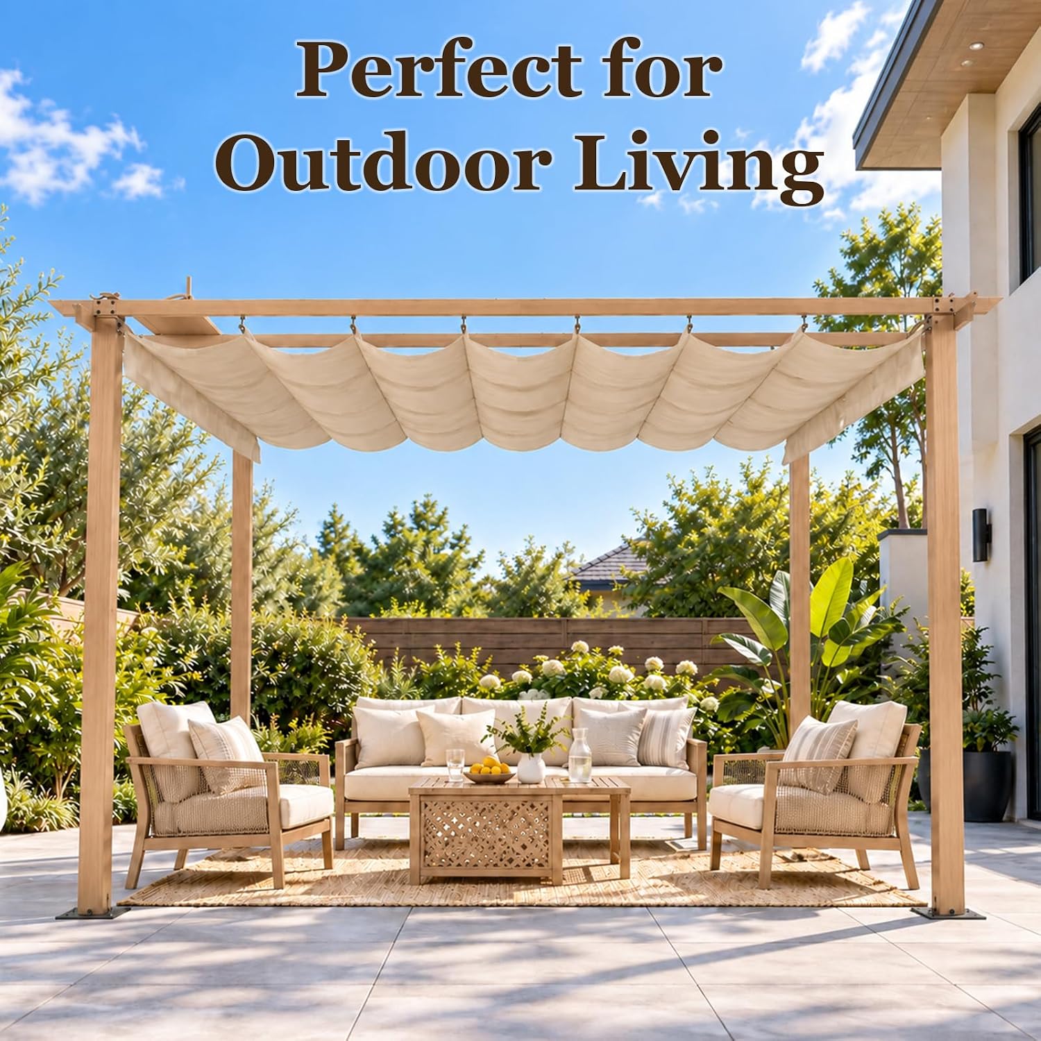 10 x 13 FT Outdoor Aluminum Pergola with Retractable Canopy, Off-White image 7