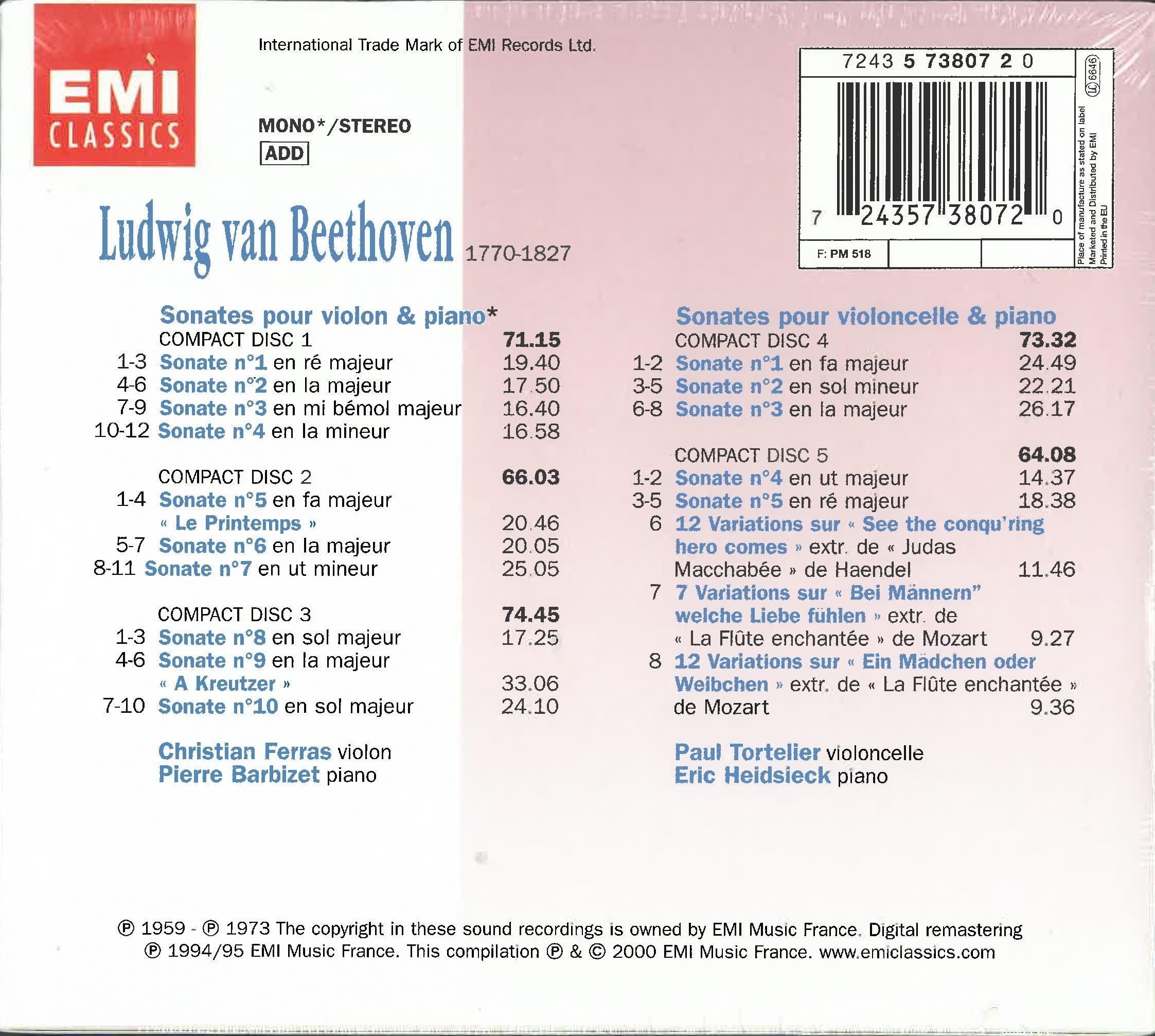 Sonates Pour Violon & Piano;Sonates Pour Violoncelle & Piano