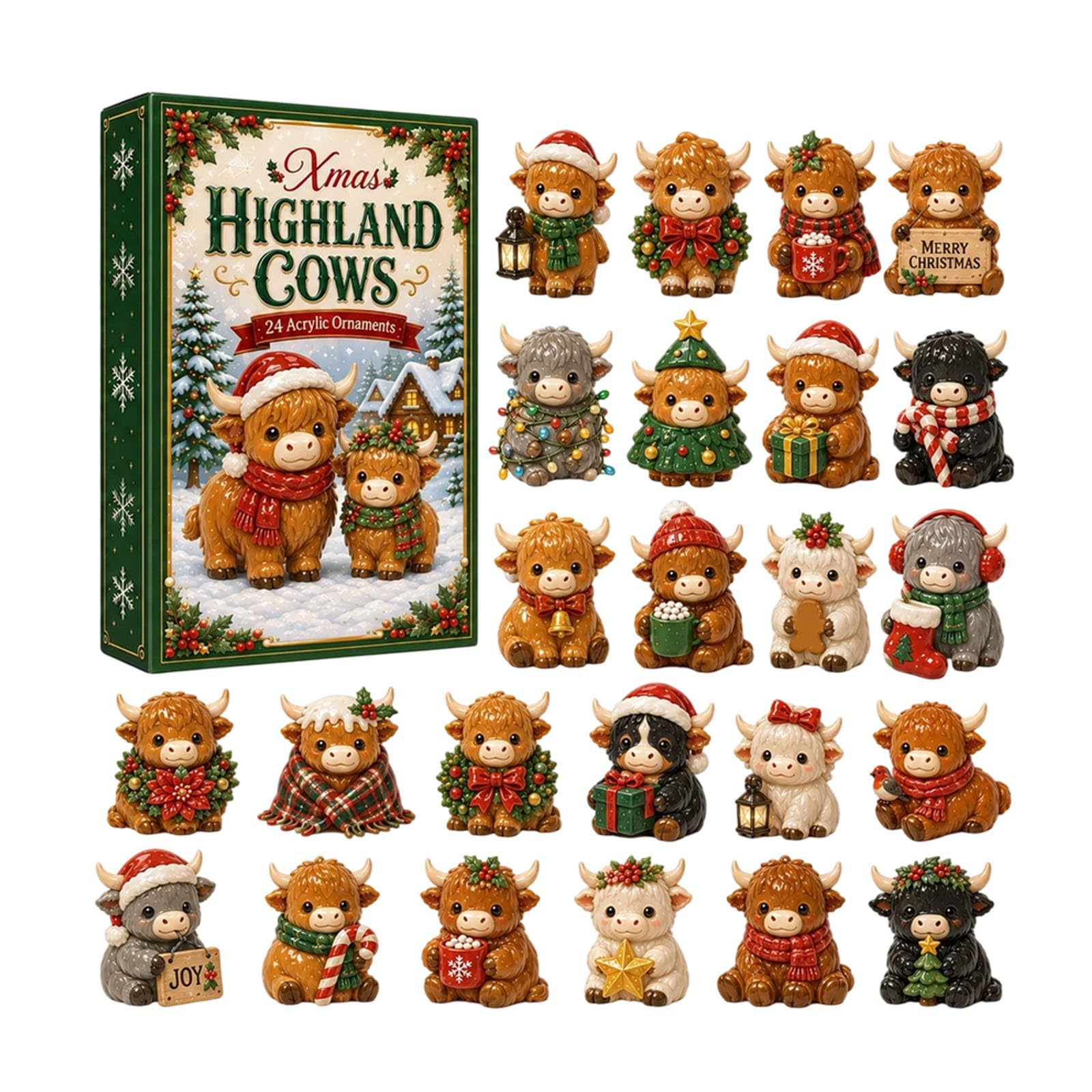 Highland Cow Advent Calendar 2026, Christmas Countdown With 24 Mini Cattle Figurines, Christmas Ornaments, 24 Days Xmas Calendar, Tree Ornament Decor, 2D Figurines, Xmas Decor, Cow Lover Gift