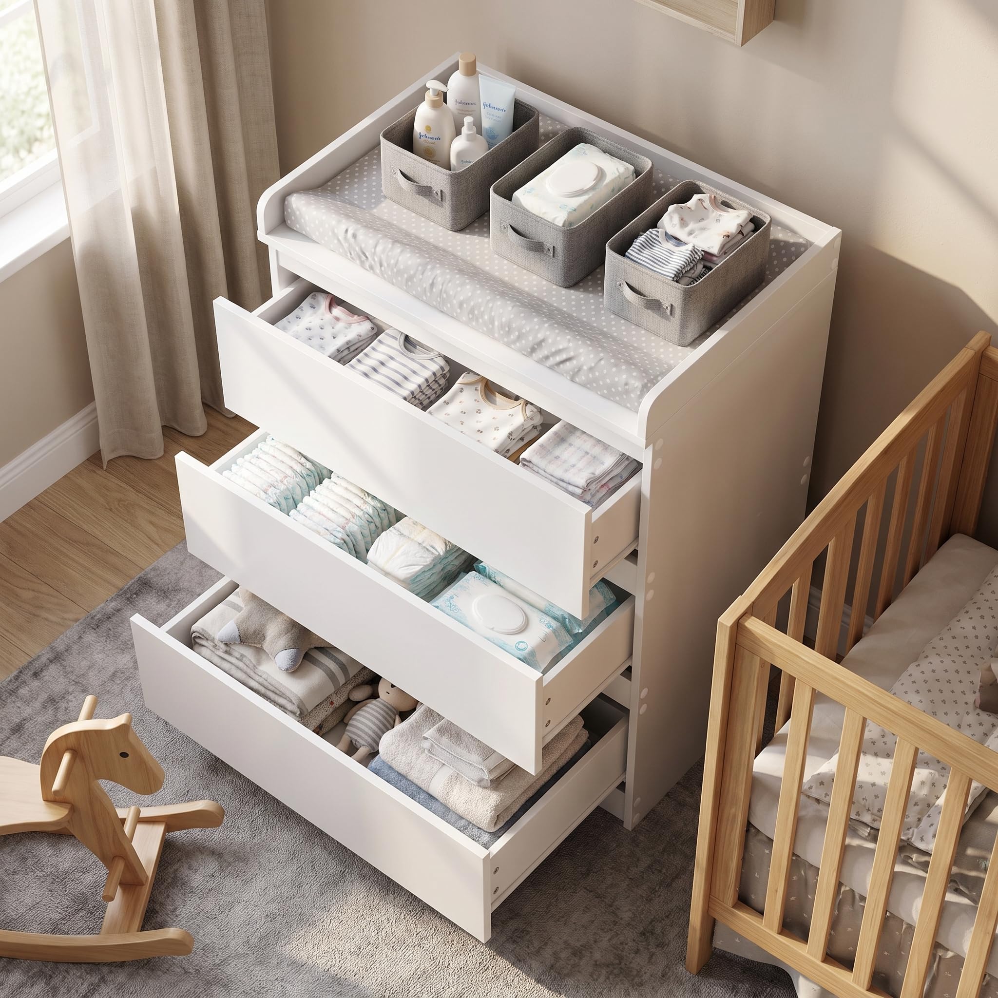 Cassettiera per fasciatoio con cassetti, bianco opaco, cassettiera con 3 cassetti e bordo di sicurezza da 5 cm, con protezione antiribaltamento, moderna cassettiera per la cameretta dei