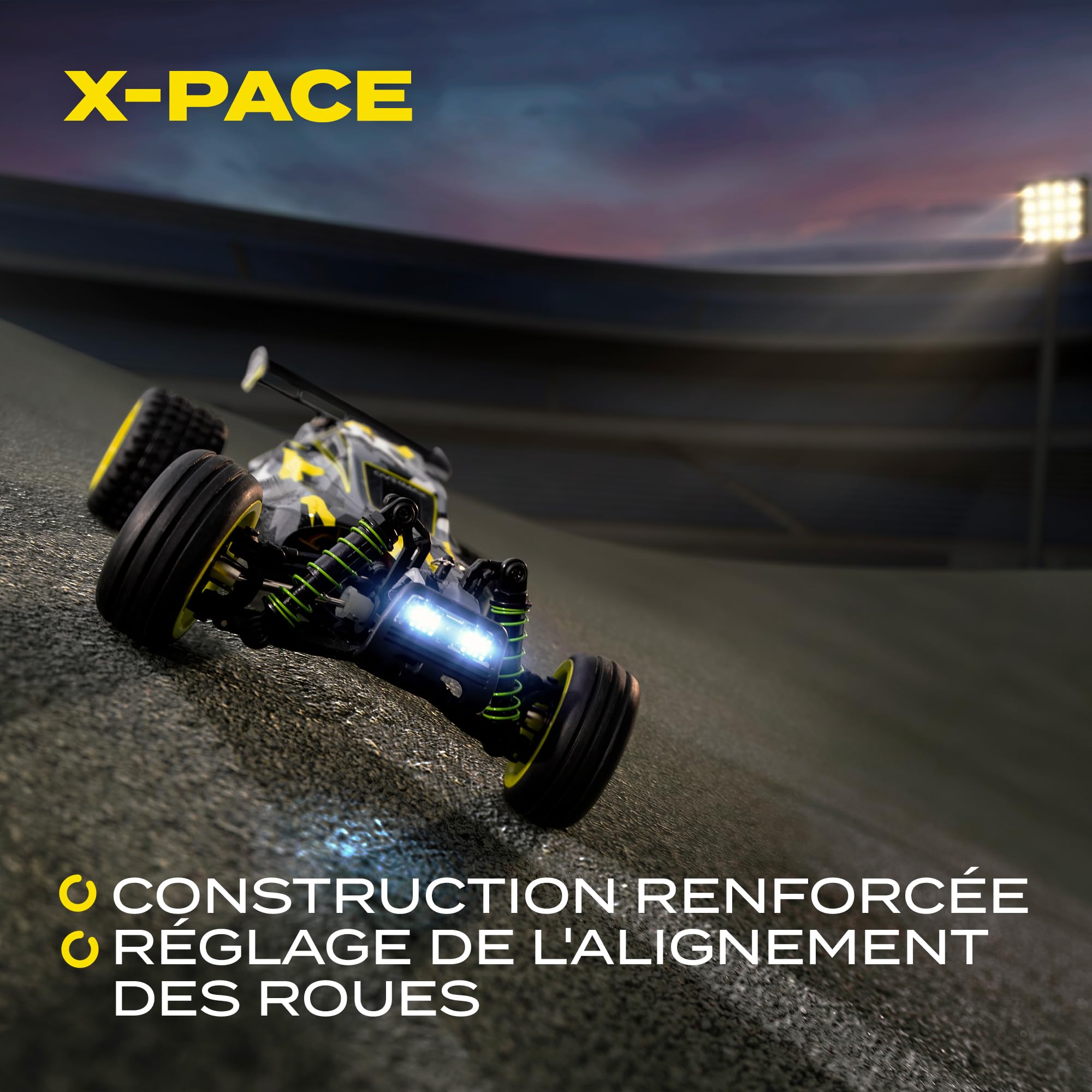 Overmax X-Pace Voiture télécommandée RC Car Vitesse de 45 kmh 4x4 motrices portée de 100 mètres Suspension à Ressort indépendante éclairage LED Grande Taille, Noir-Jaune