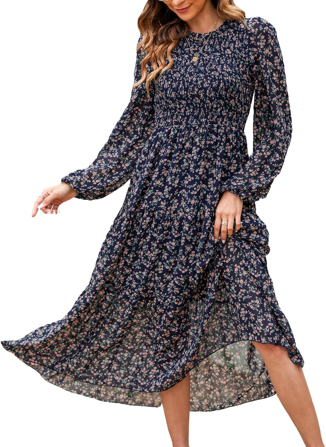 CUPSHE Women's Disty Floral Print Round Neck Long Sleeve Smocked Waist Maxi Dress Casual A Line Long Chiffon Dress