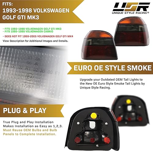 Miniatura 4 de USR 93-98 Golf Gti Cabrio Mk3 III - Luces traseras ahumadas estilo EURO OEM (izquierda + derecha) compatibles con Volkswagen GolfGTi Mk.3 1993-1998