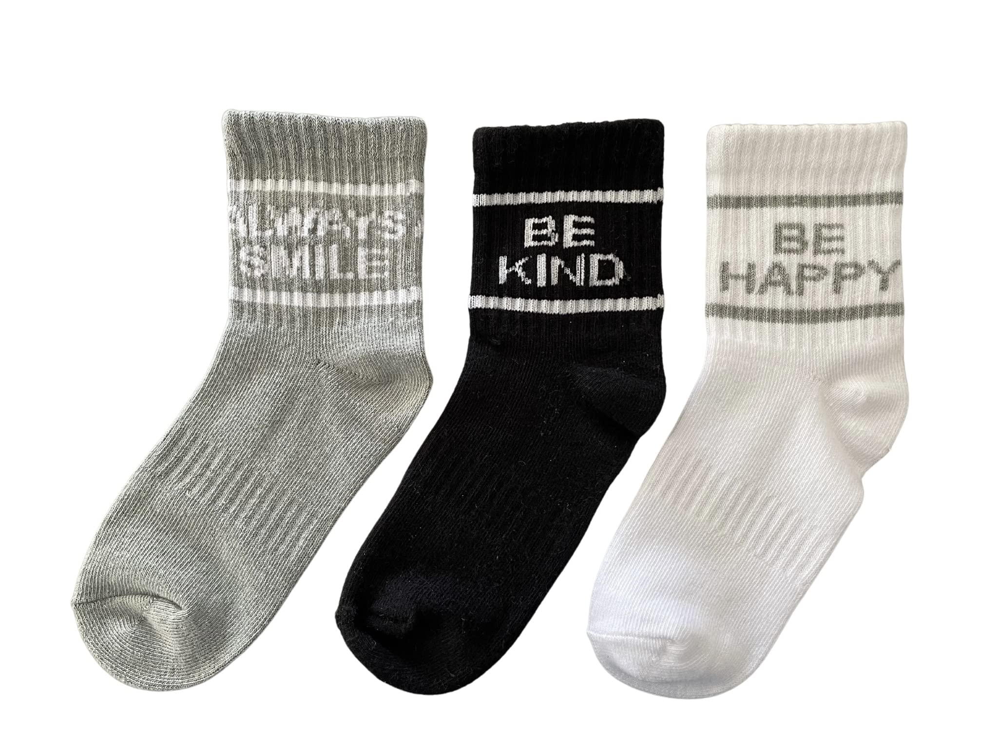 Unicessories LondonMulti 3 pack kids crew ribbed sports socks little boys girls unisex infants toddler slogan socks Be Happy Be Kind Always Smile Grey White Black