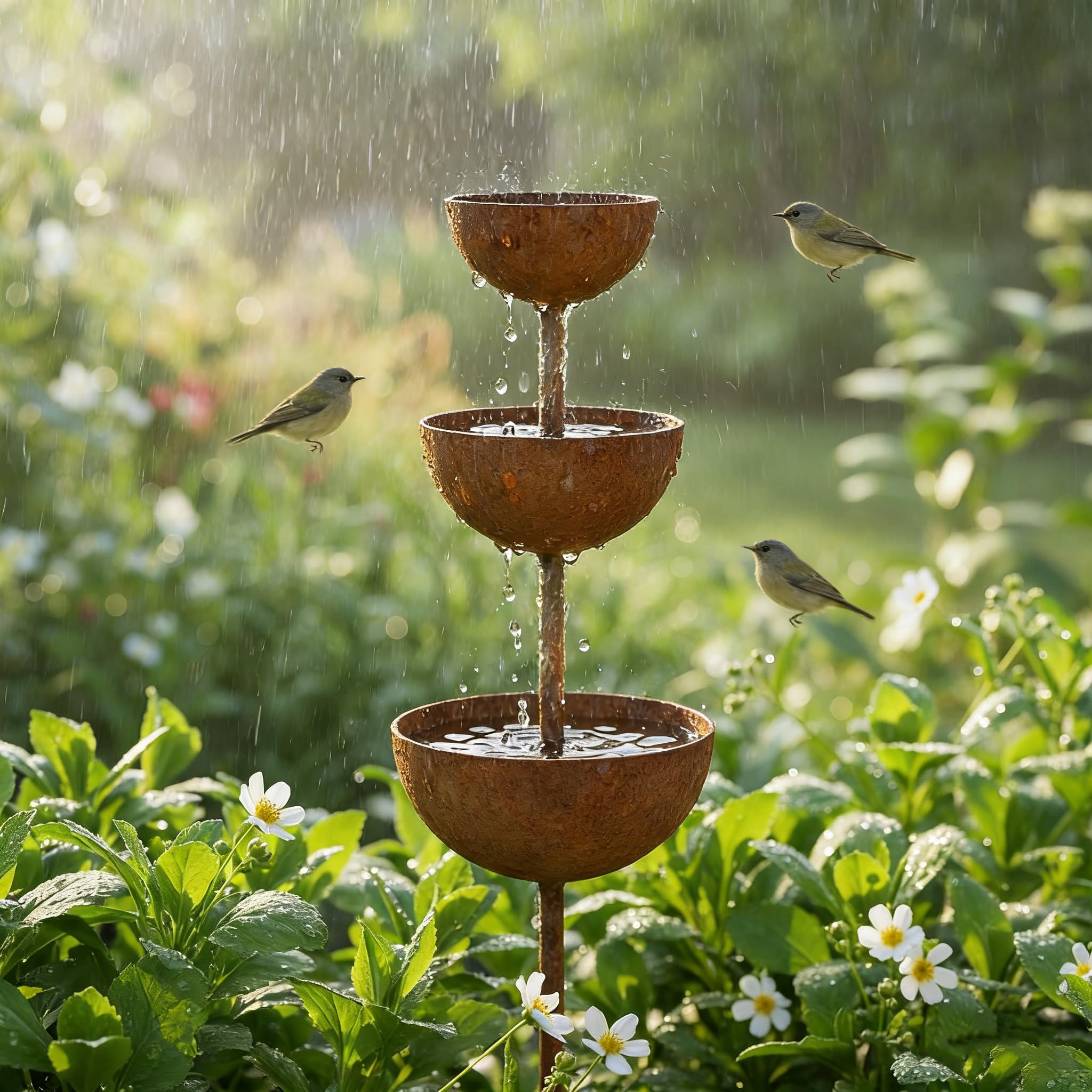 26.77'' Rust Metal Rain Catcher Garden Stake with Water Bowl, 2026 New Rain Catcher Garden Stake with 3-Tiered Water Bowls, Bird Bath & Butterfly Feeder, Decorative Outdoor Yard Accent