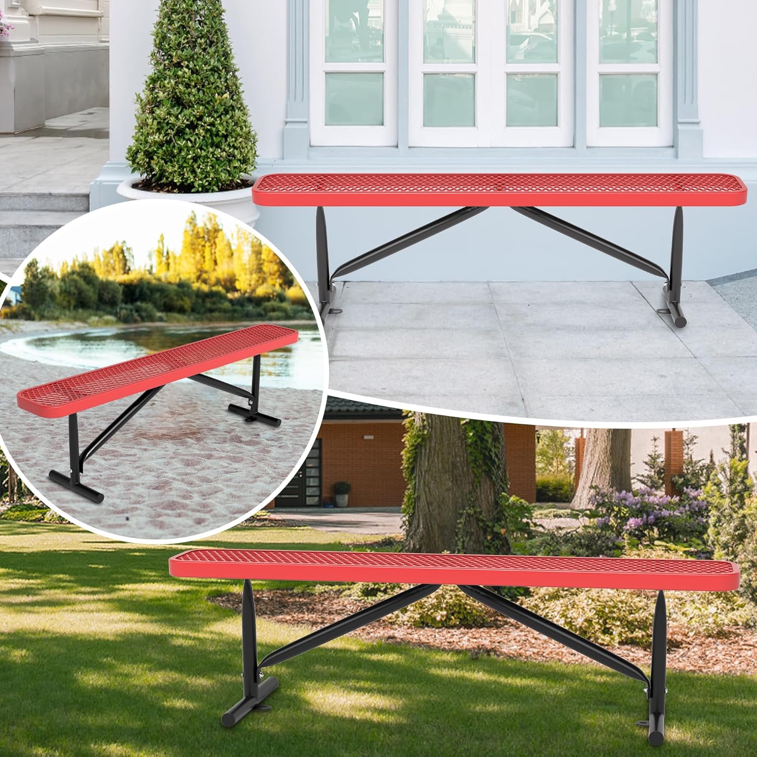 6 Feet Outdoor Steel Bench, Red Heavy Duty Metal Park Bench for Outside, Weatherproof Dock Bench, 72" L Commercial Benches Mesh Bench for Shopping Mall, Store, Lawn, Park, Patio, Deck, Garden