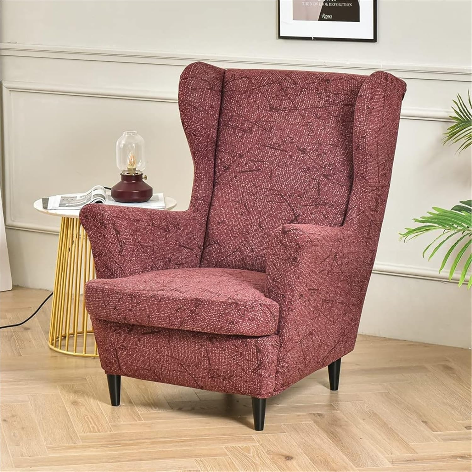 Wingback Chair Cover Stretch Elastic Sofa Slipcover Spandex Fabric Wing Slipcovers 1 Set Washable Printing Soft Armchair Couch Covers Seater Furniture Protector for Living Room(Red)