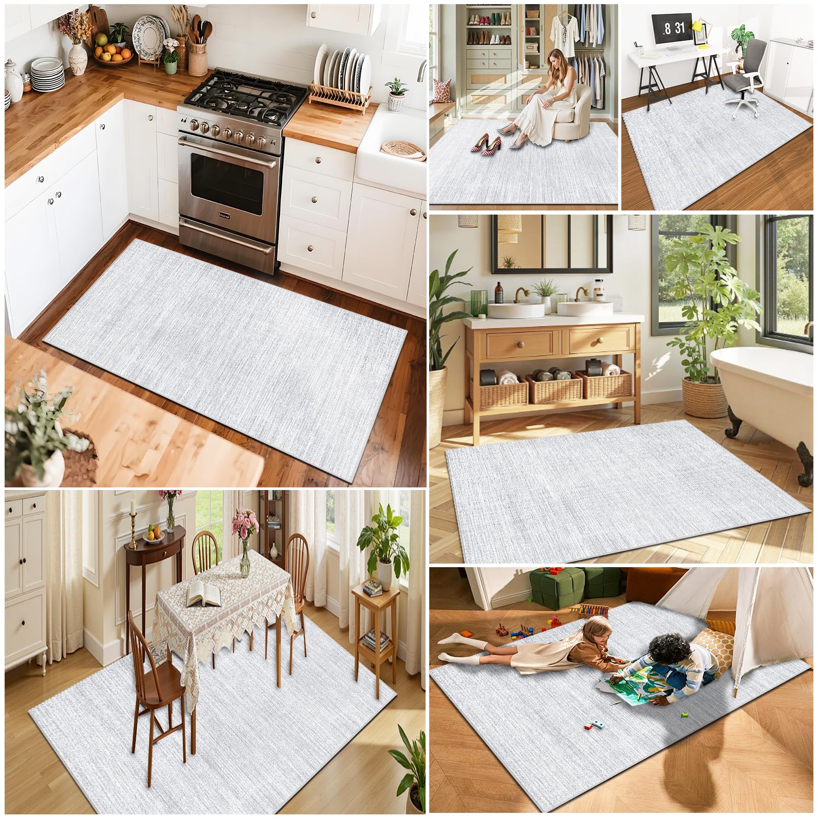 Dywan do salonu, można prać w pralce, 170 x 190 cm, dywanik kuchenny, antypoślizgowy, duży dywanik, krótkie runo, dywaniki przy łóżku, do sypialni, abstrakcyjny, szary, chodnik do przedpokoju