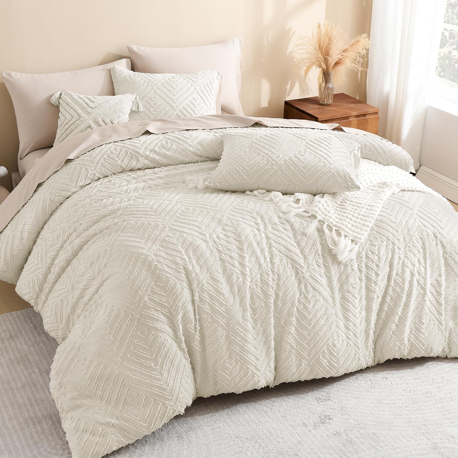 Photo 1 of Litanika Beige Oversized Queen Comforter, 3 Pieces Cream Tufted Boho Farmhouse Bedding Comforter Sets, Lightweight Fluffy Comforter Bed Set for All Season (98x98In Comforter and 2 Pillowcases)