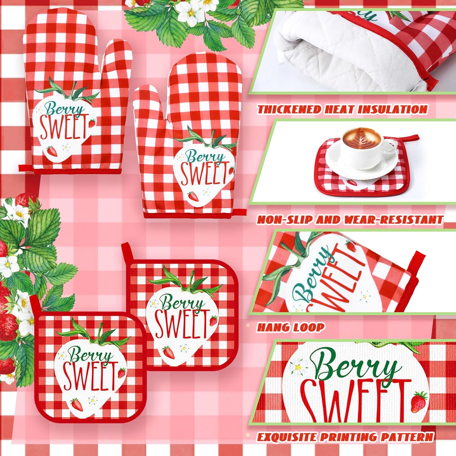 Fourluoo 10 Pcs Strawberry Kitchen Dish Towels Rugs Oven Mitts and Pot Holders Set Farmhouse Kitchen Decor Set for Women Mom Daughter Gift Cooking Baking Grilling (Red and White)