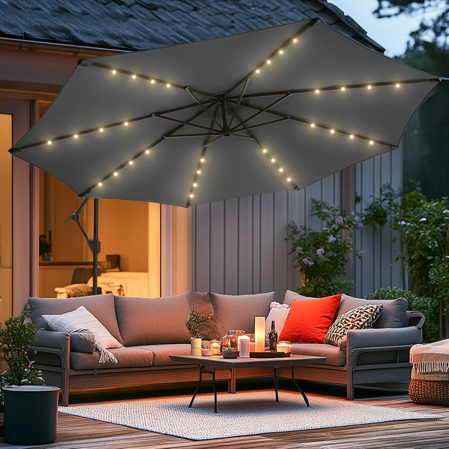 wikiwiki 10ft solar led offset hanging market cantilever patio umbrella for backyard, poolside, lawn and garden, easy tilt adjustment, polyester shade & cross base, dark gray