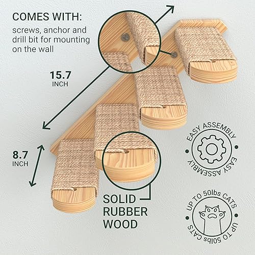 Miniatura 3 de Skywin Cat Steps - Paquete de 3 escaleras de madera de goma maciza de color gris, ideales para arañar y escalar, estantes para gatos montados en la