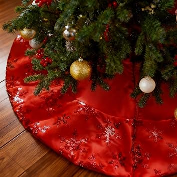 Small Christmas Tree Skirt 20 Inches Red Christmas Tree Skirt for 3 4 5ft Table Top Trees, Sequin Snowflakes Border