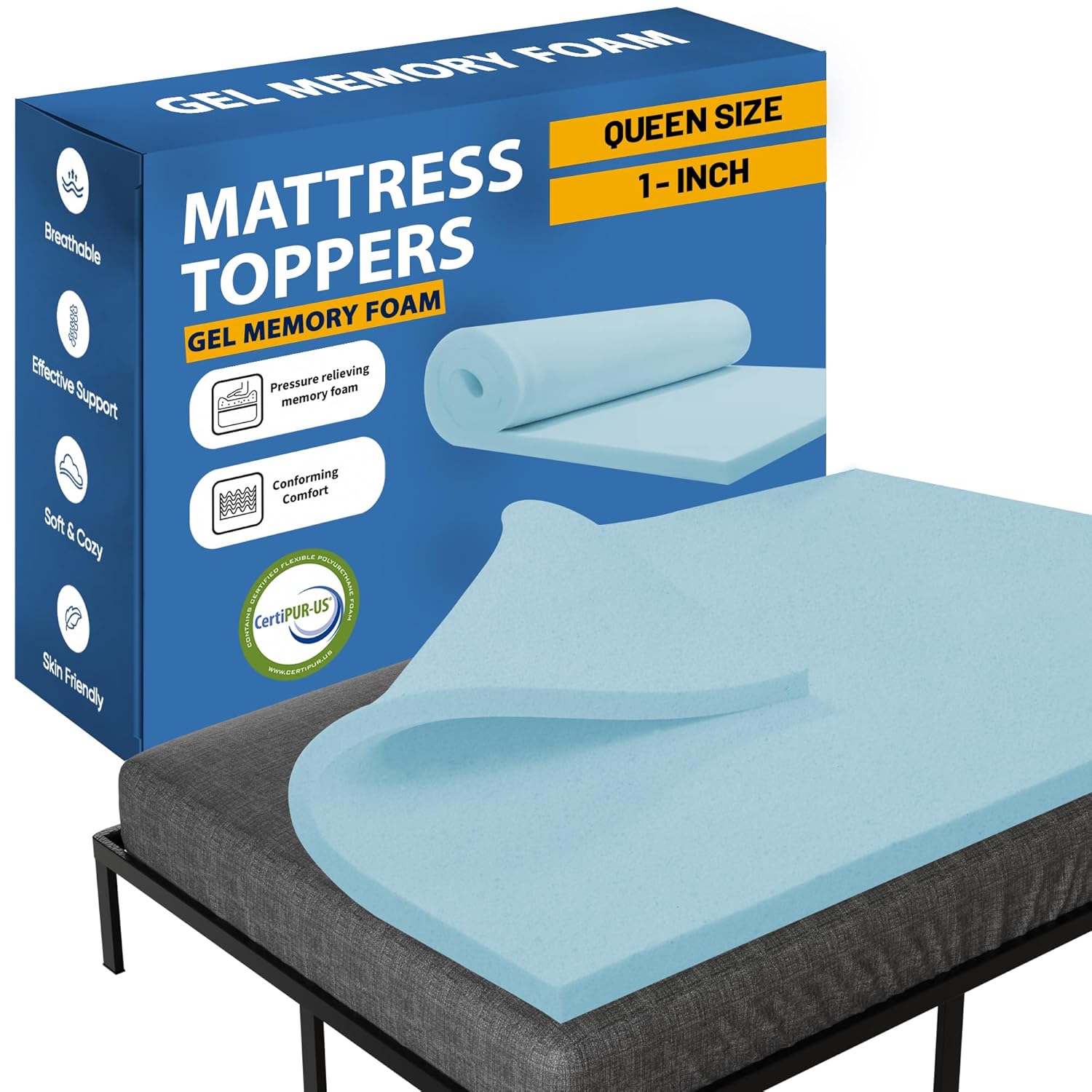 Greaton, 1-Inch Gel Memory Foam Mattress Topper, CertiPUR-US Certified for Superior Comfort and Support, Queen, Blue 1-inch Regular Queen
