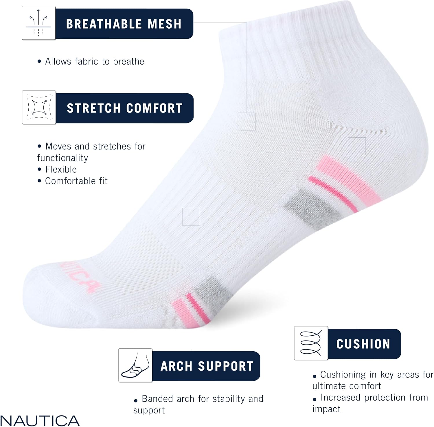Nautica Womens Quarter Cut Moisture Control Athletic Socks with Cushioned Comfort (12 Pack)