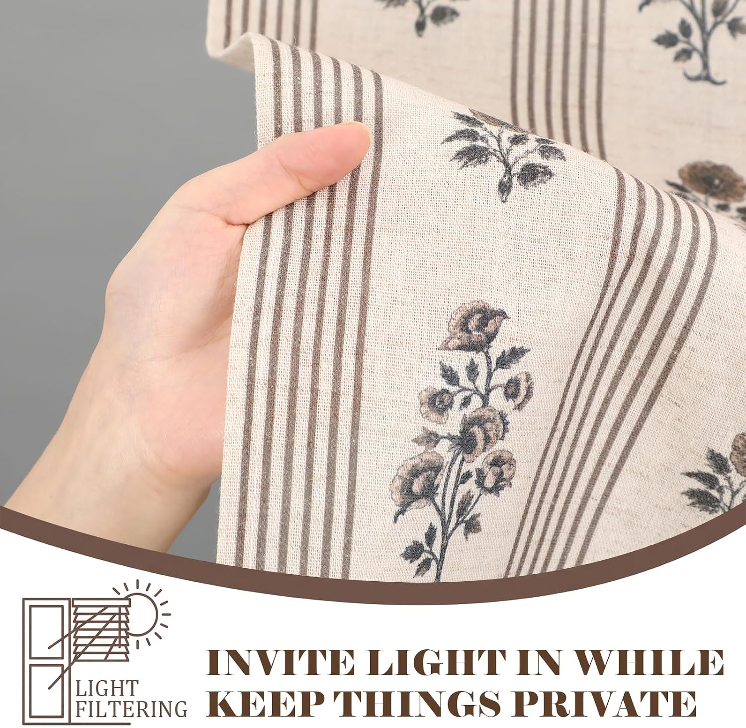 36 Inch Brown Floral Linen Kitchen Tier Curtain Farmhouse Decor