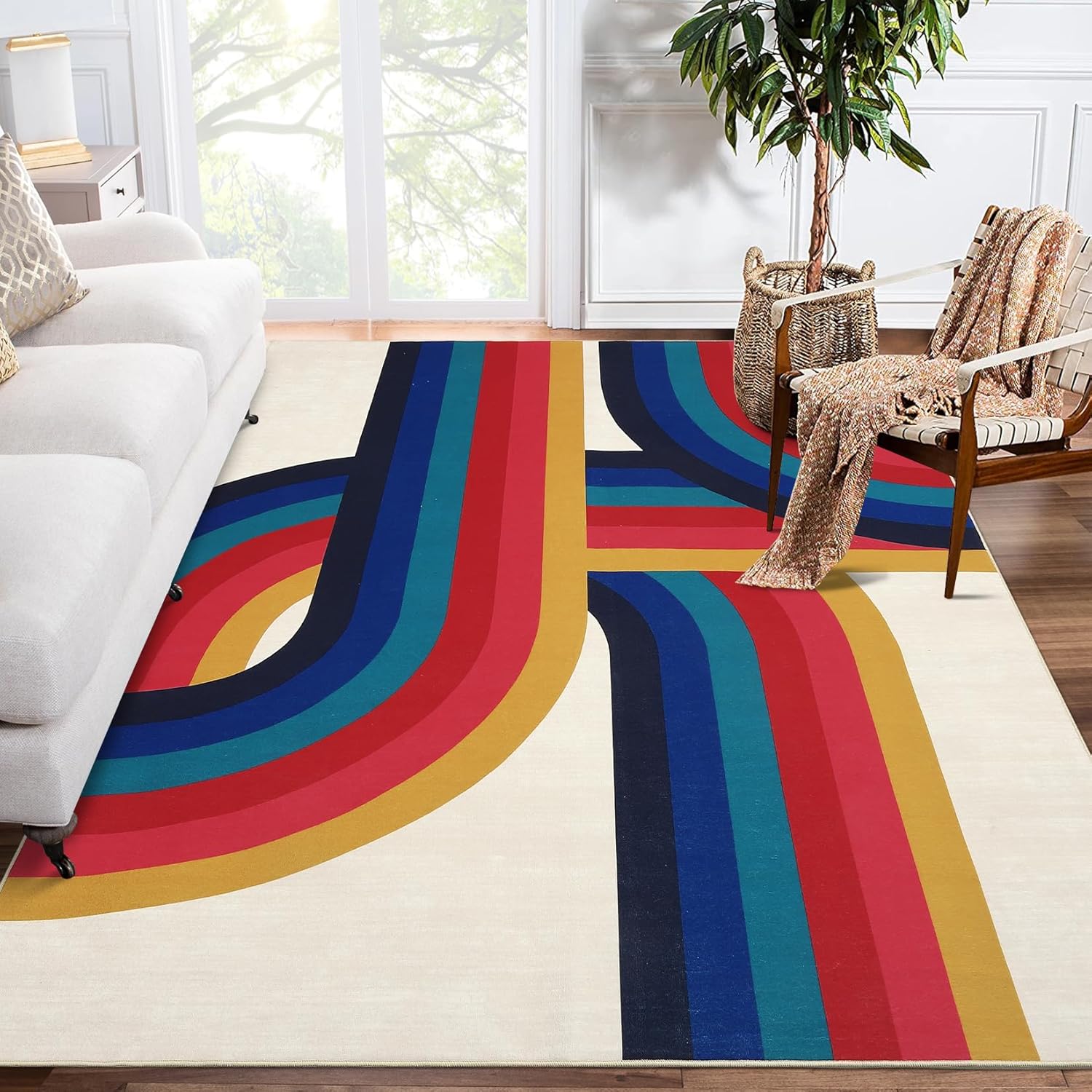 GarveeHome 5x7 Washable Modern Area Rug Spill-Proof Surface, Non-Slip Backing, Cozy Soft Faux Wool, Printed Rug, Living Room Rugs 5x7, Bedroom Rugs, Dining Room Rugs Beige/Blue/Orange