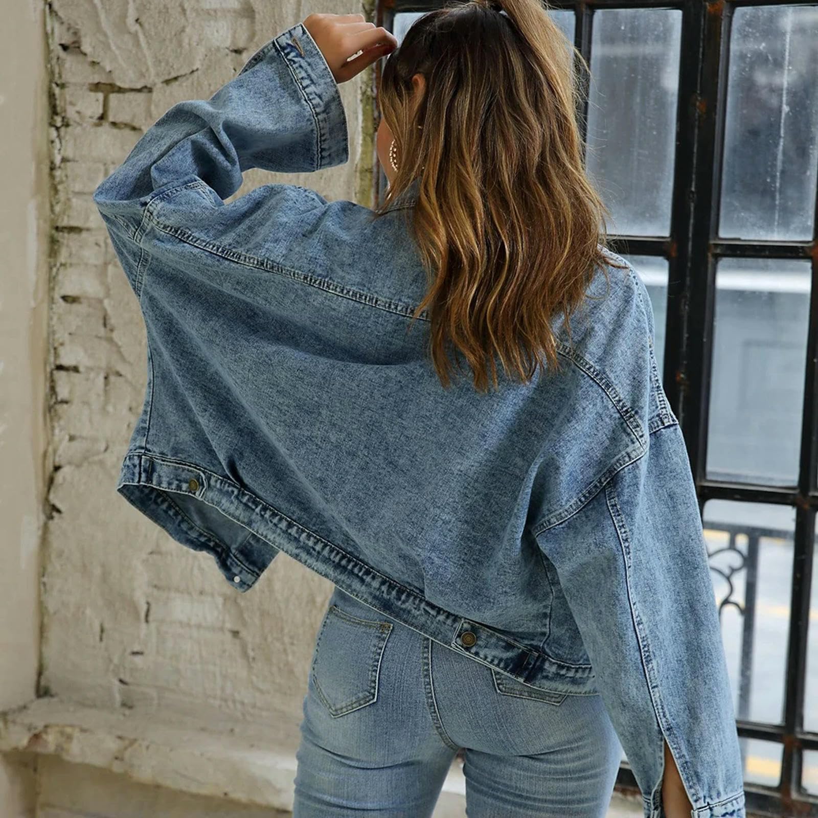 Giacca Uomo Giacca di Jeans Autunnale da Donna Casual Jeans Blu Giacche da Donna Sciolte A Maniche Lunghe Lavate