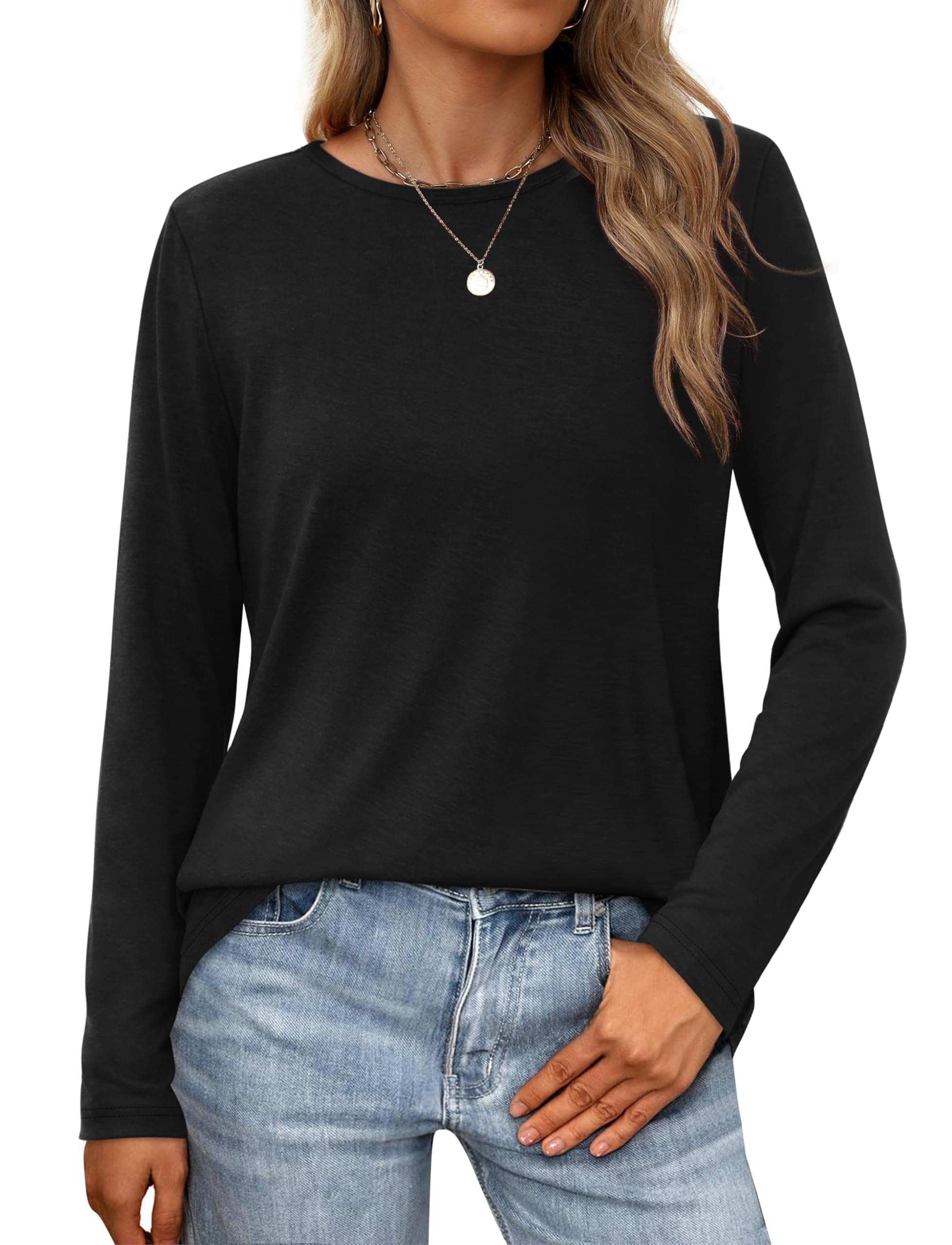 XIEERDUO Long Sleeve Shirts for Women Casual Crew Neck Basic Fall Tops Loose Fit Comfy